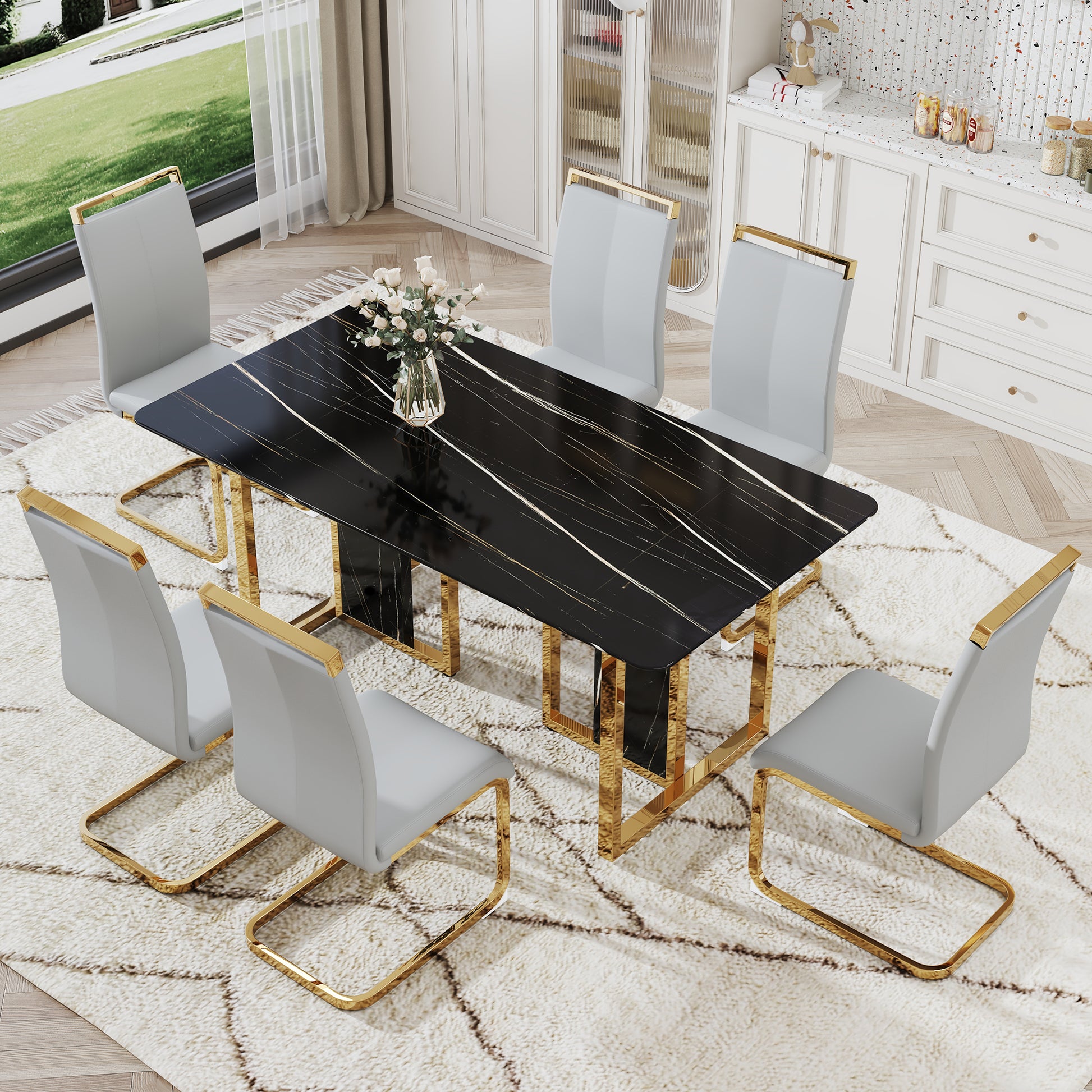 Table And Chair Set. Modern Dining Table With Mdf Top And Beautiful Mdf Legs. Equipped With Comfortable Pu Chairs And Metal Legs. Suitable For A Wide Range Of Decorative Styles. Black,Light Gray Seats 6 Mdf