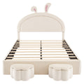 Full Size Upholstered Rabbit Shape Bed With 2 Storage Stools, Velvet Platform Bed With Cartoon Ears Shaped Headboard, White Full White Wood