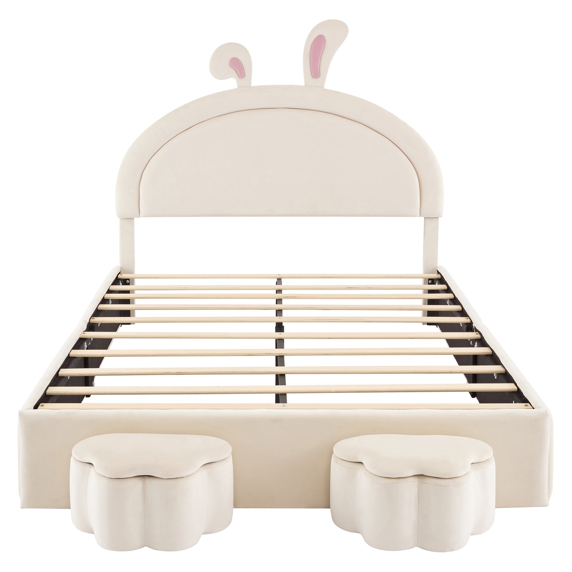 Full Size Upholstered Rabbit Shape Bed With 2 Storage Stools, Velvet Platform Bed With Cartoon Ears Shaped Headboard, White Full White Wood