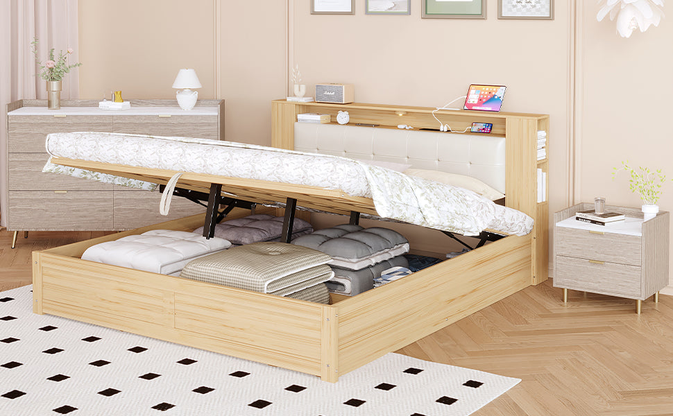 3 Pieces Bedroom Sets Queen Size Tufted Upholstered Platform Bed With Motion Activated Night Lights And Usb Charger, Modern Storage Nightstand And Dresser, Natural Queen Natural 3 Piece Set Wood