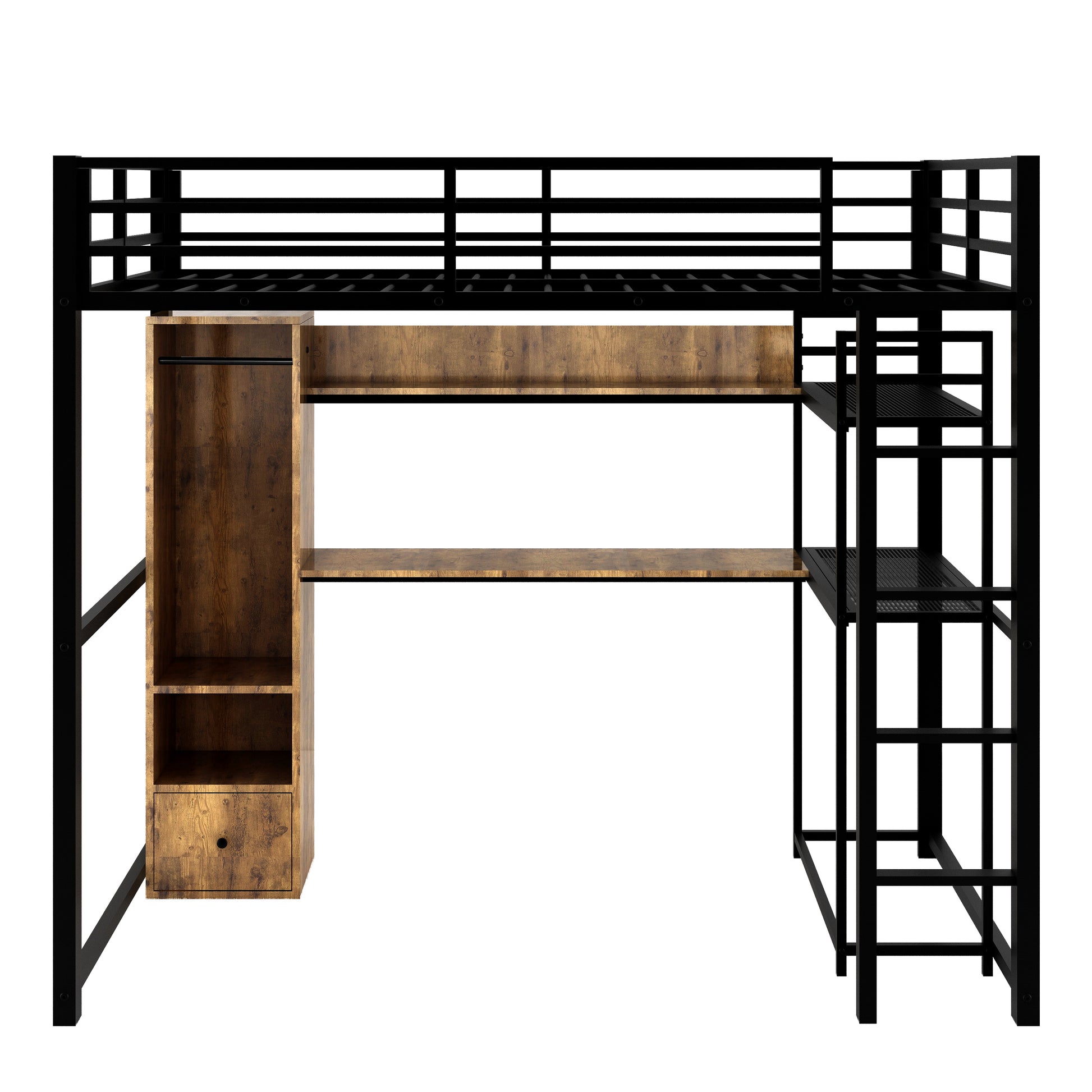 Full Size Metal Loft Bed With Built In Wardrobe, Drawer, Desk And Shelves, Black Expected Arrival Time: 9.7 Box Spring Not Required Full Black Metal Wood Metal