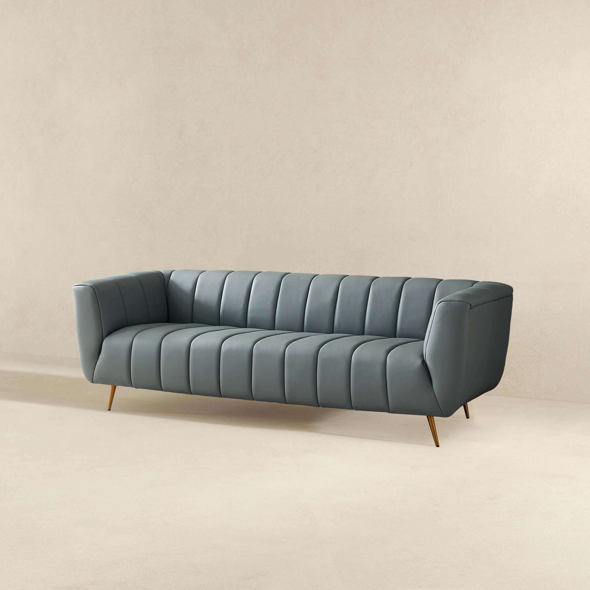 Lamattina Genuine Italian Blue Leather Channel Tufted Sofa Dusty Blue,Pewter Genuine Leather Wood Mid Century Modern Foam Genuine Leather 4 Seat