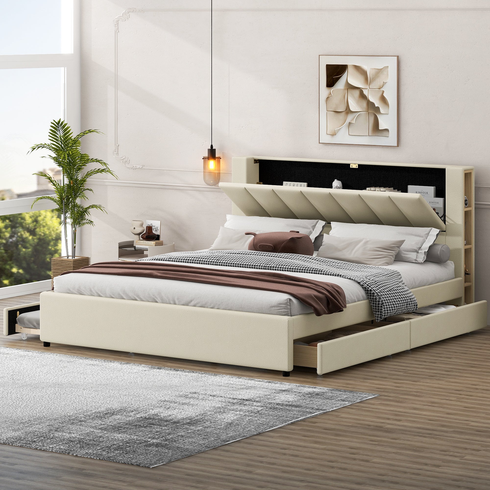 King Size Upholstery Platform Bed With Storage Headboard, 2 Drawers And Trundle,Beige King Beige Upholstered