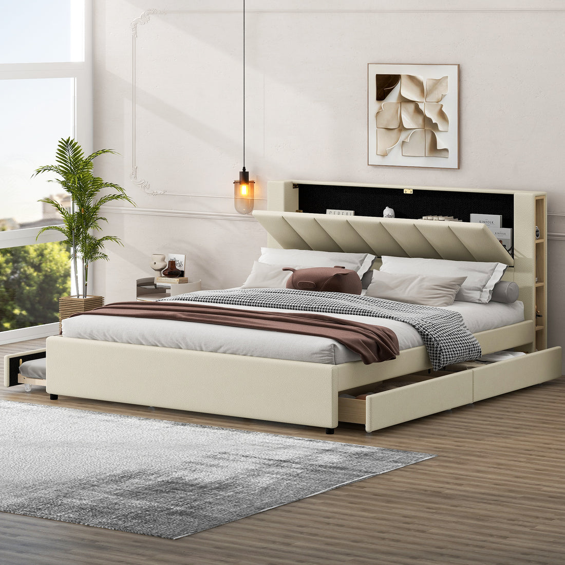 King Size Upholstery Platform Bed With Storage Headboard, 2 Drawers And Trundle,Beige King Beige Upholstered