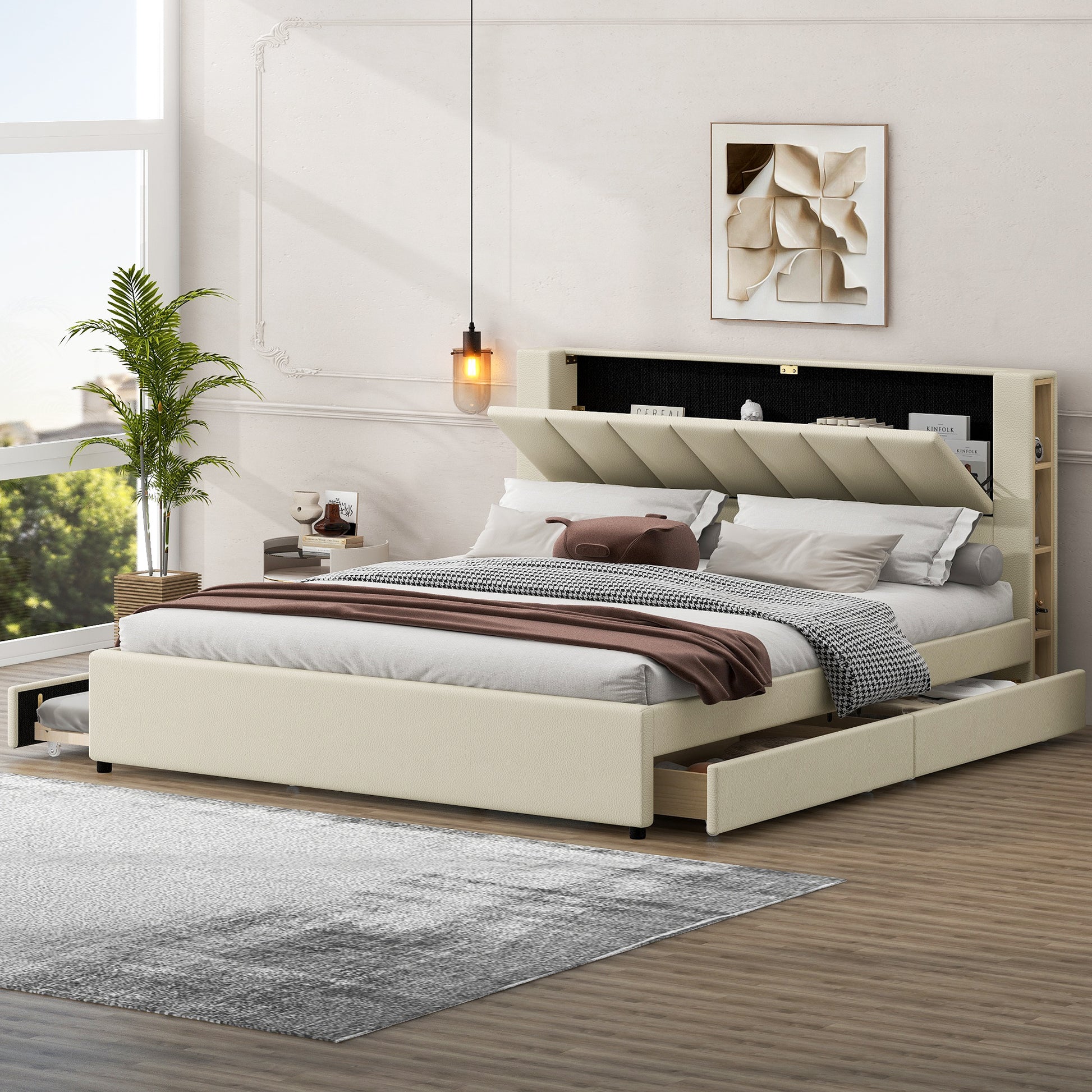 King Size Upholstery Platform Bed With Storage Headboard, 2 Drawers And Trundle,Beige King Beige Upholstered
