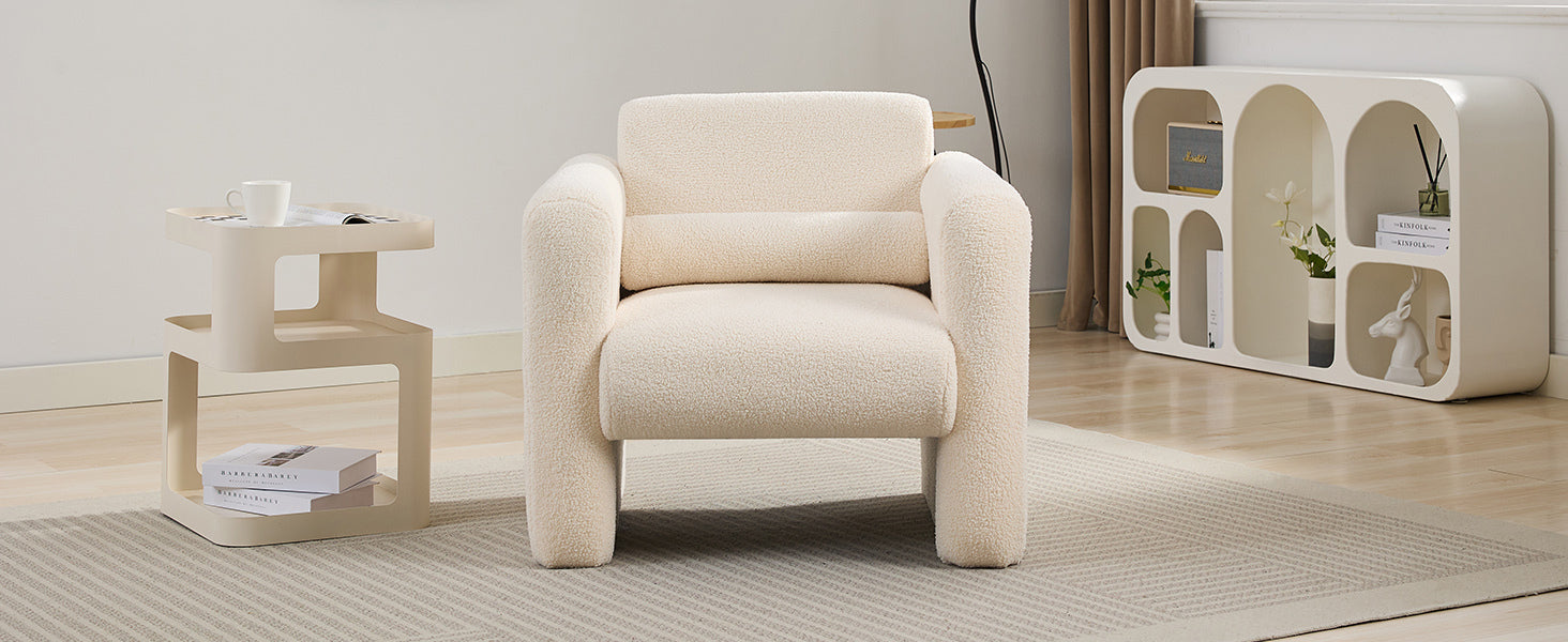 Modern Accent Chair Lambskin Sherpa Fabric Upholstered Comfy Reading Arm Chair Soft Padded Armchair With Back And Pillow For Living Room Bedroom Reception Waiting Room Office, Cream Cream Primary Living Space Upholstered