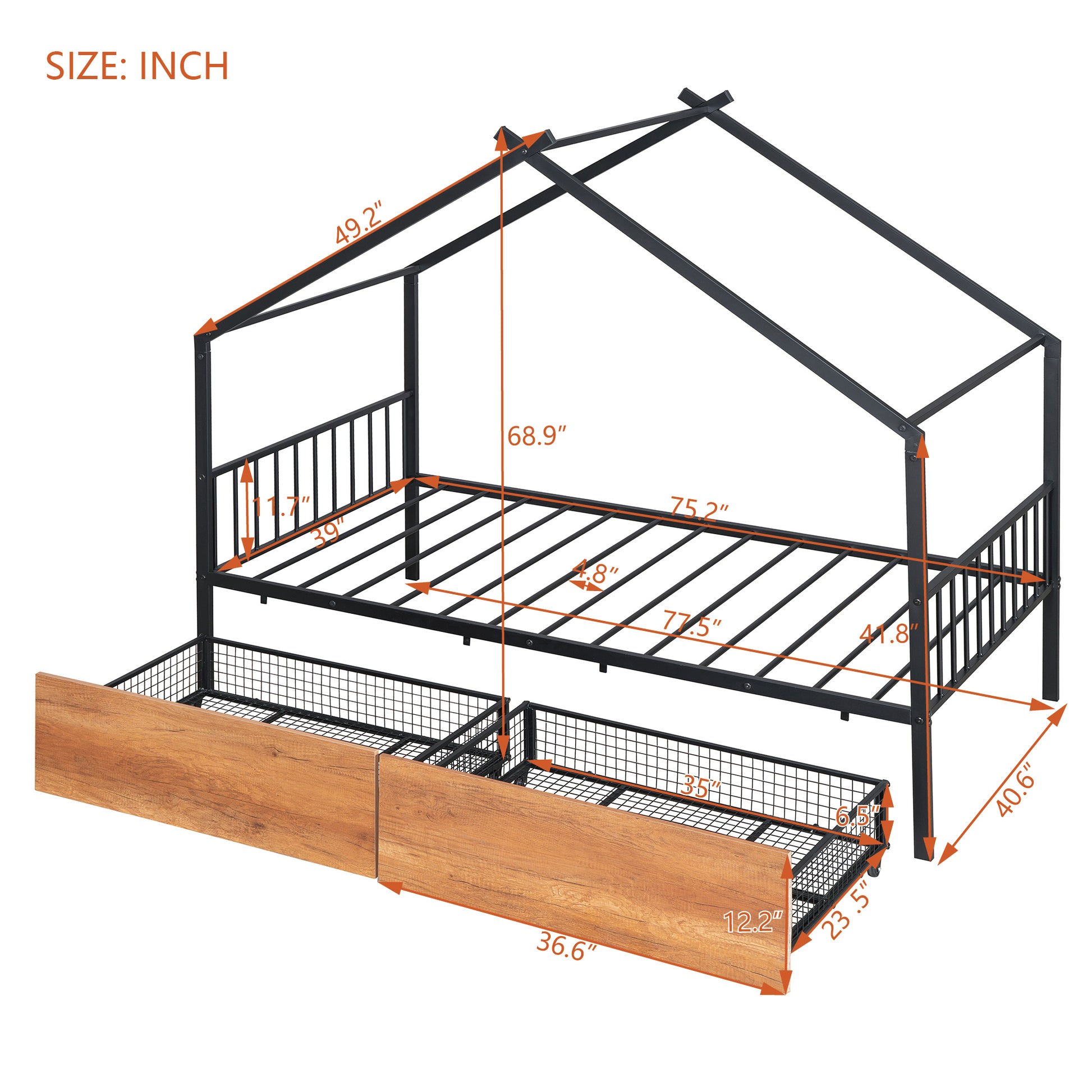Twin Size Metal House Bed With Two Drawers, Black Twin Black Metal