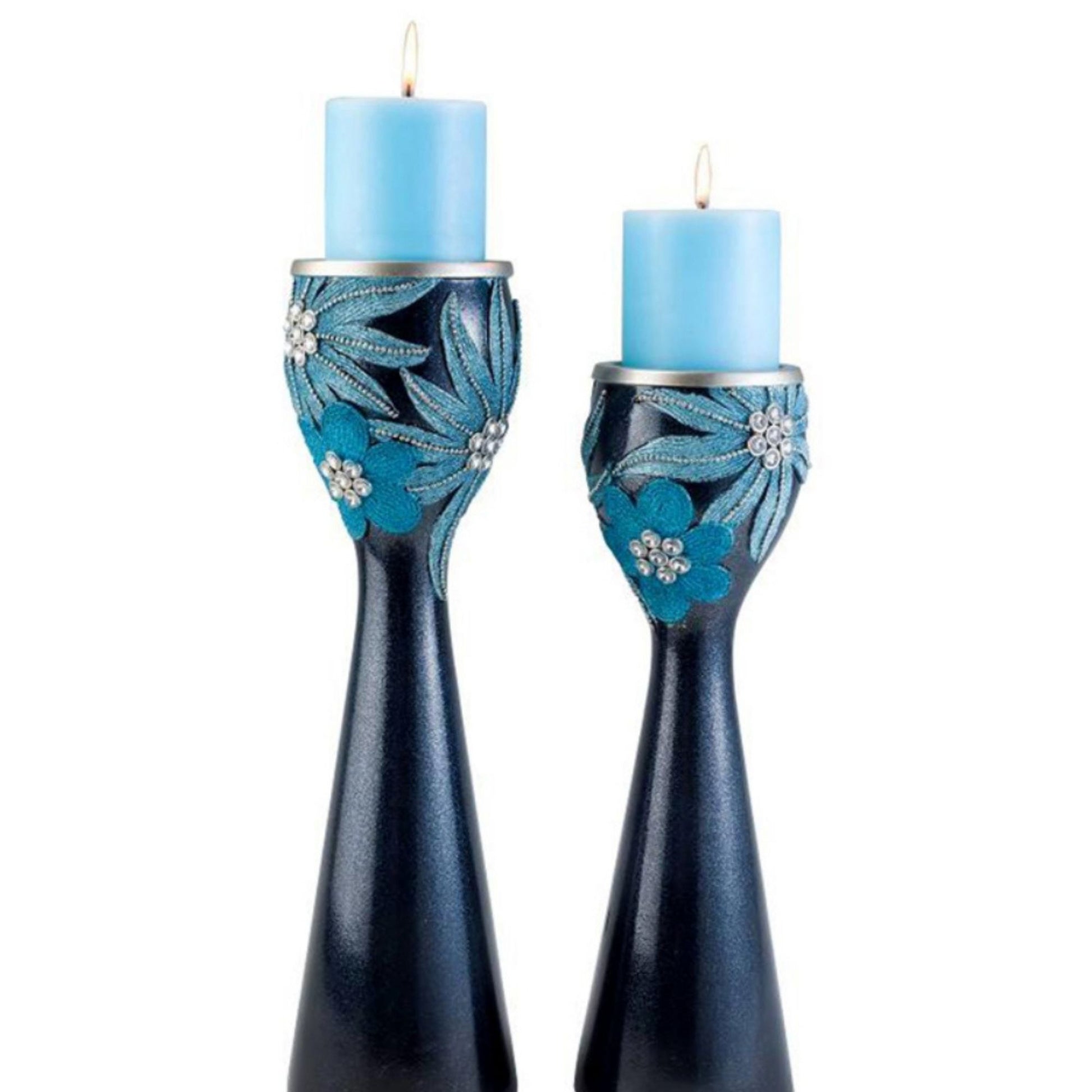14" And 16" Tall Polyresin" Demeter" Candleholder, Aqua Finish Set Of 2 Blue Polyresin