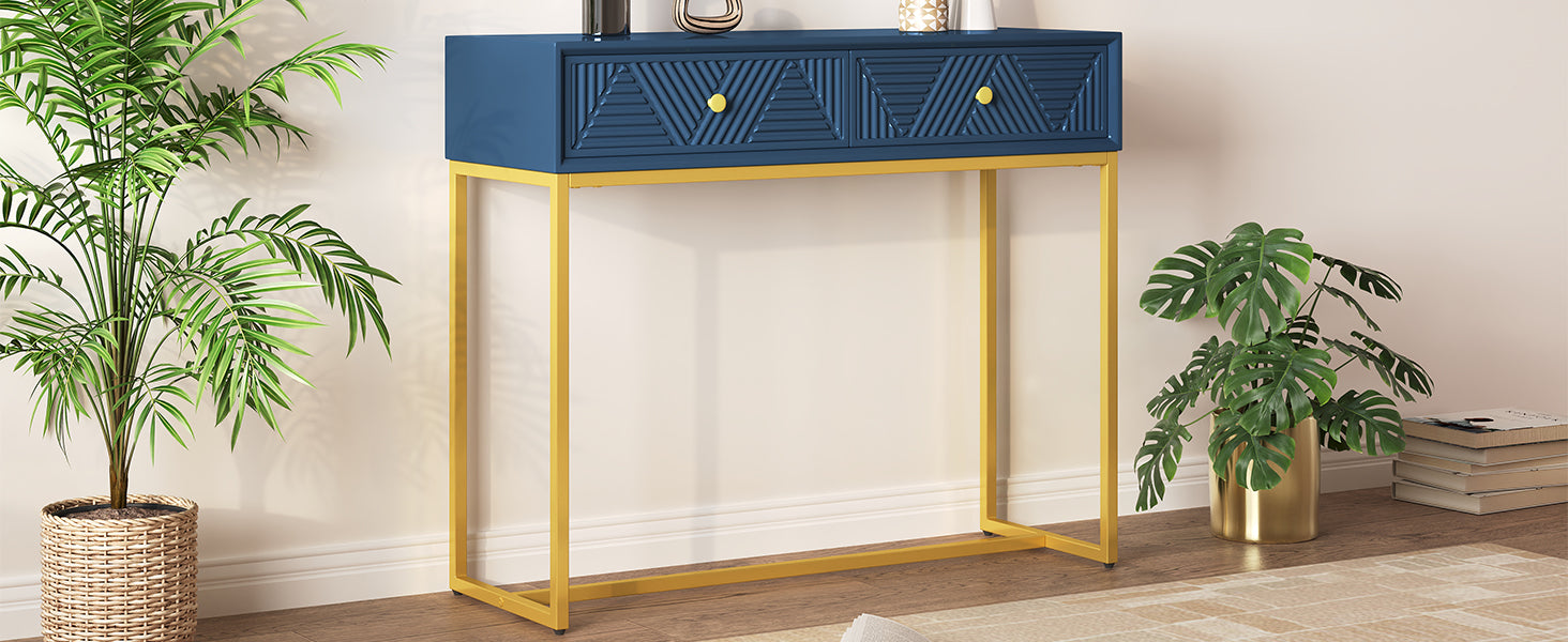 Modern Sleek Console Table Two Drawers With Stripe Design For Living Room And Entryway Navy Navy Mdf