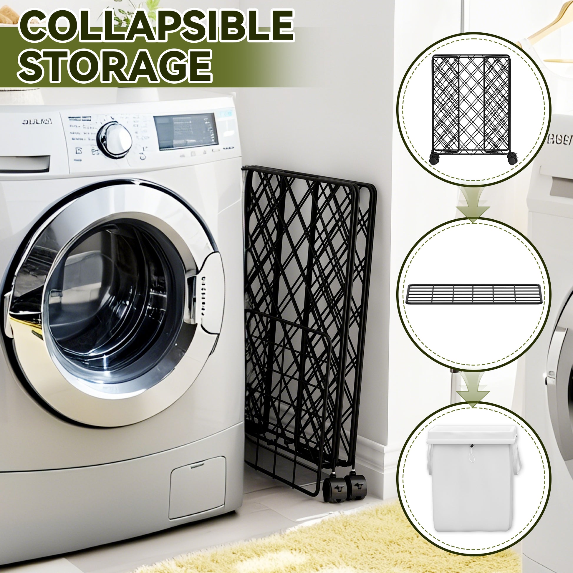 Laundry Basket With Wheels, Rolling Laundry Hamper, Detachable And Washable Lining, Metal Frame, Suitable For Bedrooms, Bathrooms, Laundry Rooms, White White Black 1 Foldable Freestanding Boho