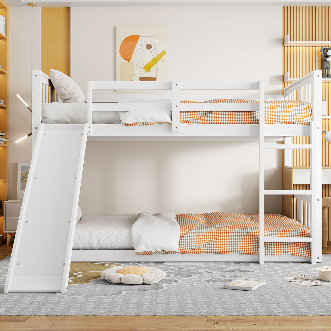 Twin Over Twin Bunk Bed With Slide And Ladder, White Old Sku:Lt000108Aak Twin White Plywood