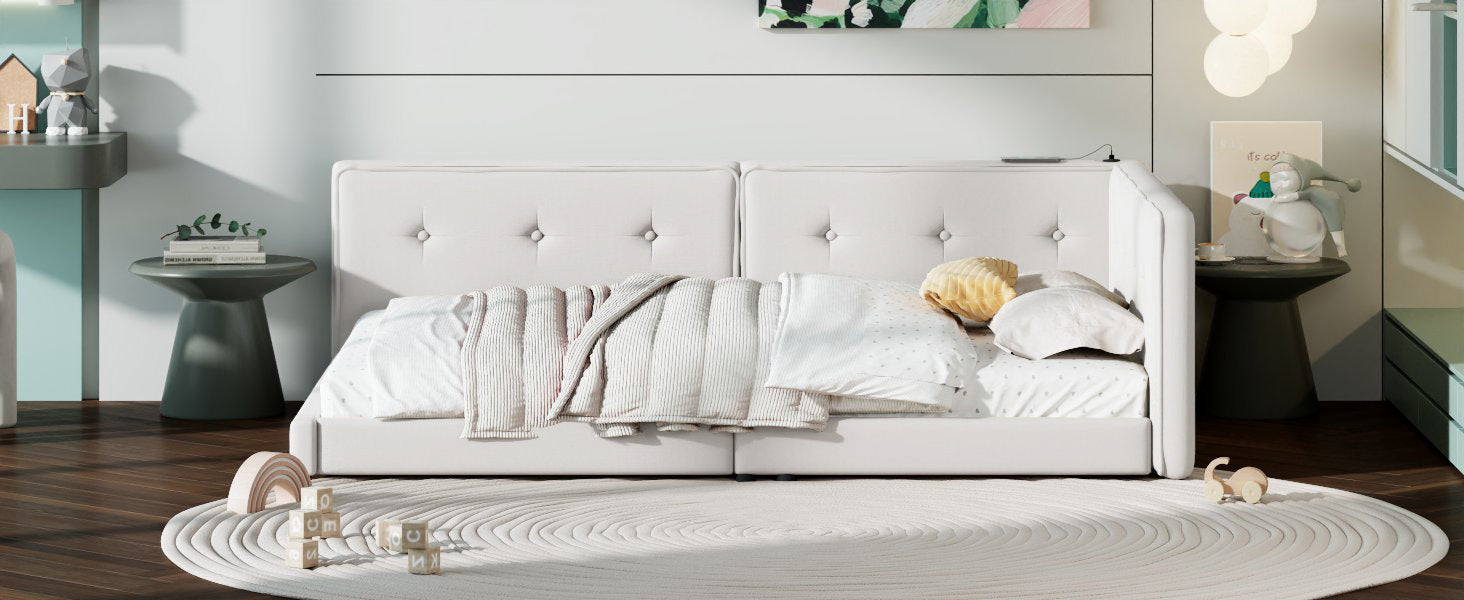 Upholstered Full Size Platform Bed With Usb Ports, Beige Full Beige Linen