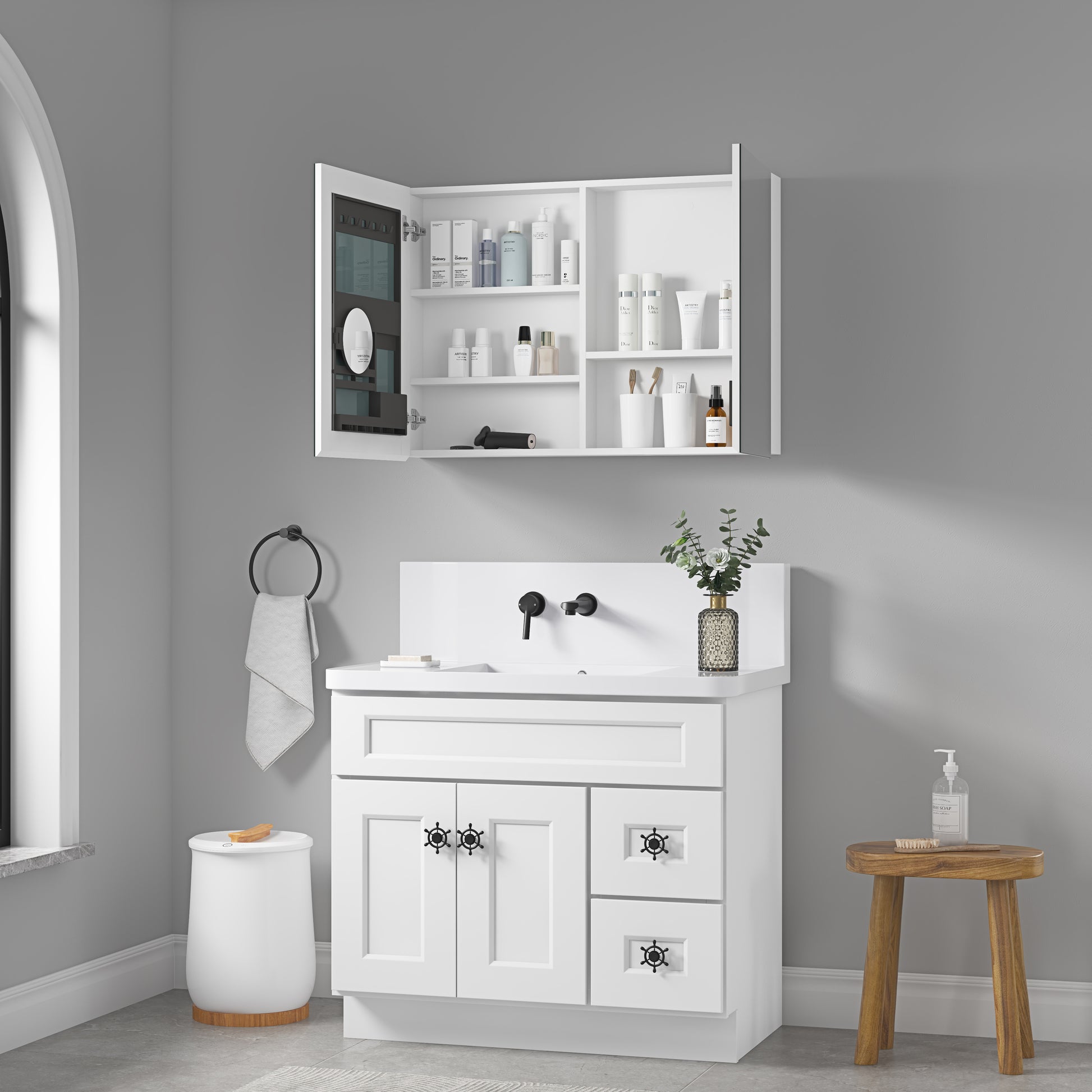 36'' W X 26'' H Bathroom Mirror Medicine Cabinet Wooden Door Medicine Cabinets For Bathroom, Wall Mounted Recessed Or Surface, Bathroom Mirror With Storage White Engineered Wood