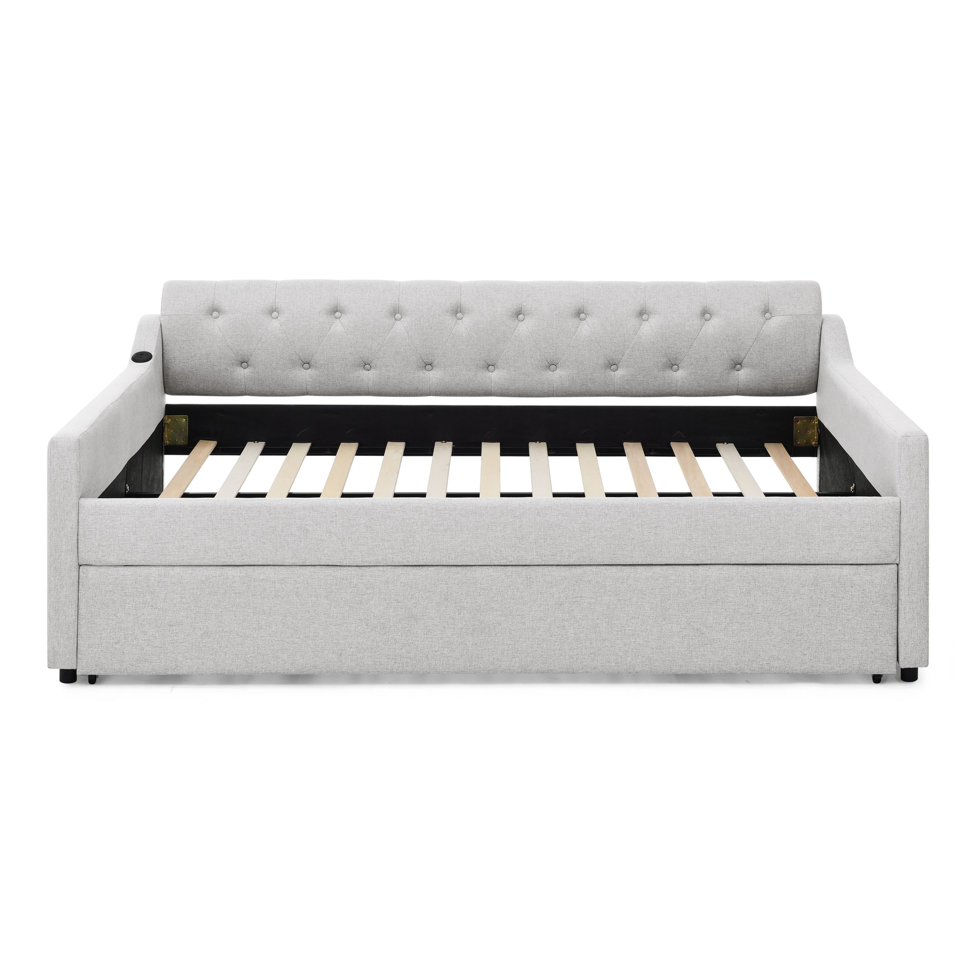 Full Size Upholstery Daybed With Twin Size Erectable Trundle And Usb Charging Design, Linen Beige Box Spring Not Required Full Beige Bedroom Linen Linen