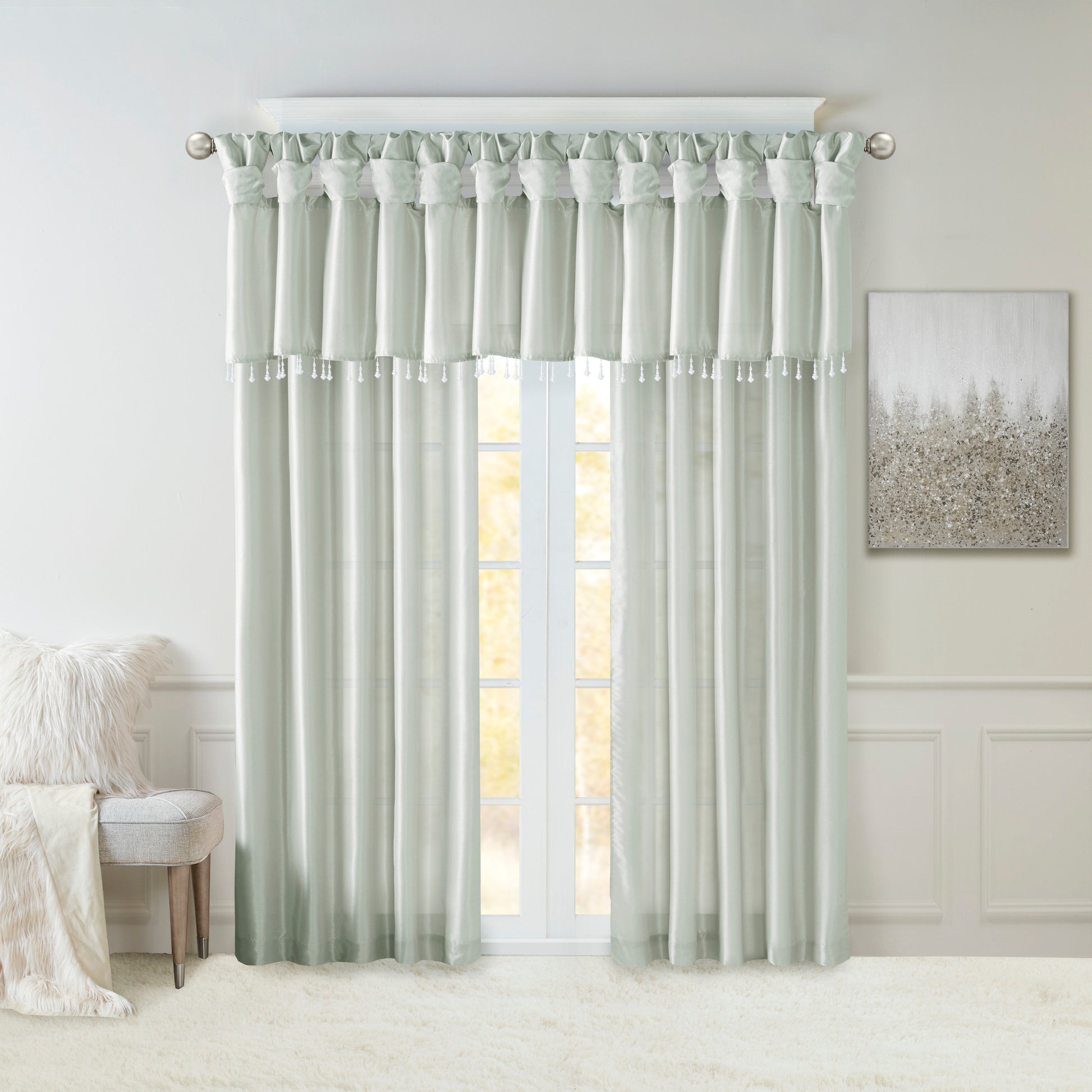 Lightweight Faux Silk Valance With Beads Dusty Aqua 50X26" Dusty Aqua Microfiber