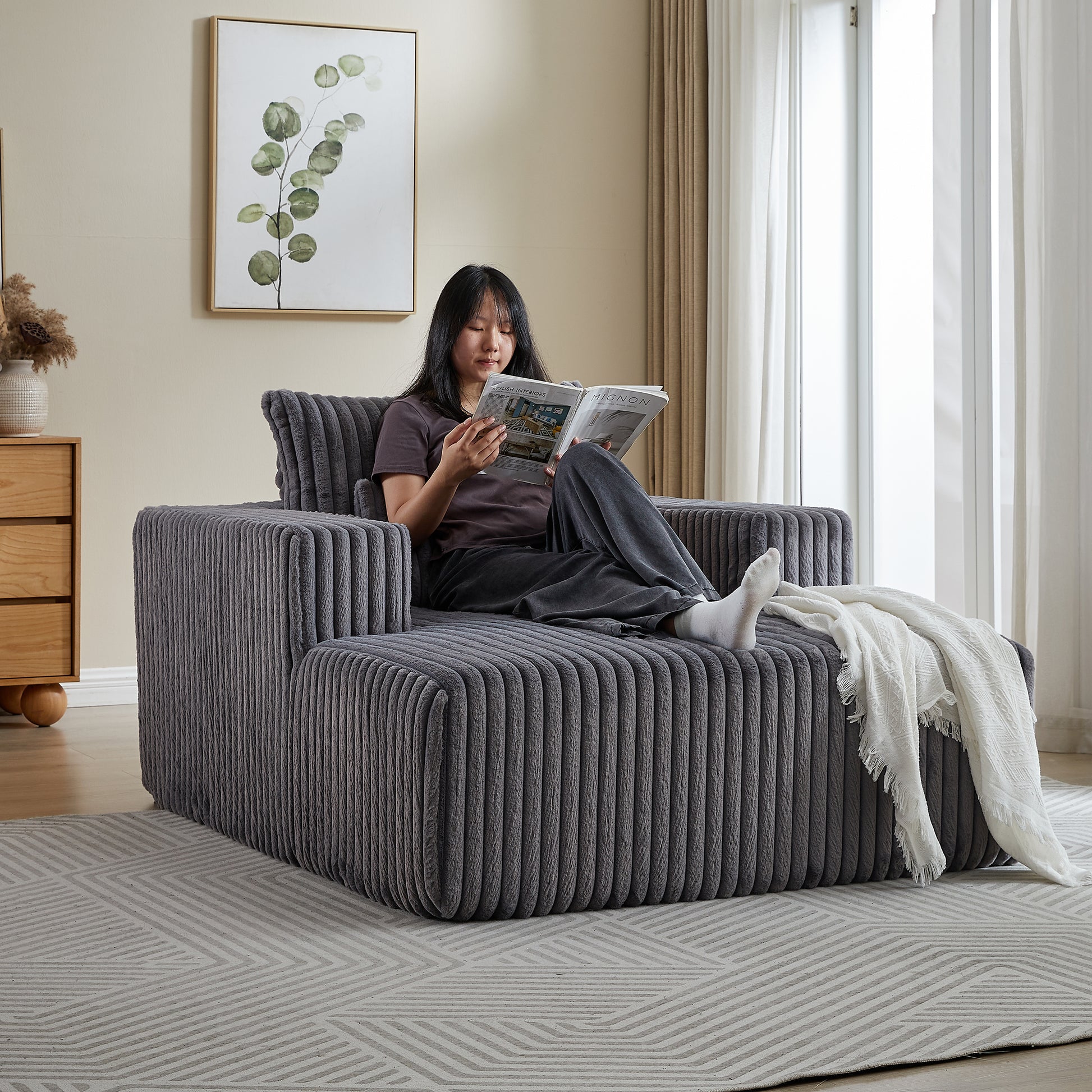 62.5 Inch Corduroy Sponge Sofa Lounge Chair,No Assembly Required,Fluffy Modern Sleeper Chair For Indoor Living Room Bedroom Grey Foam Corduroy 1 Seat