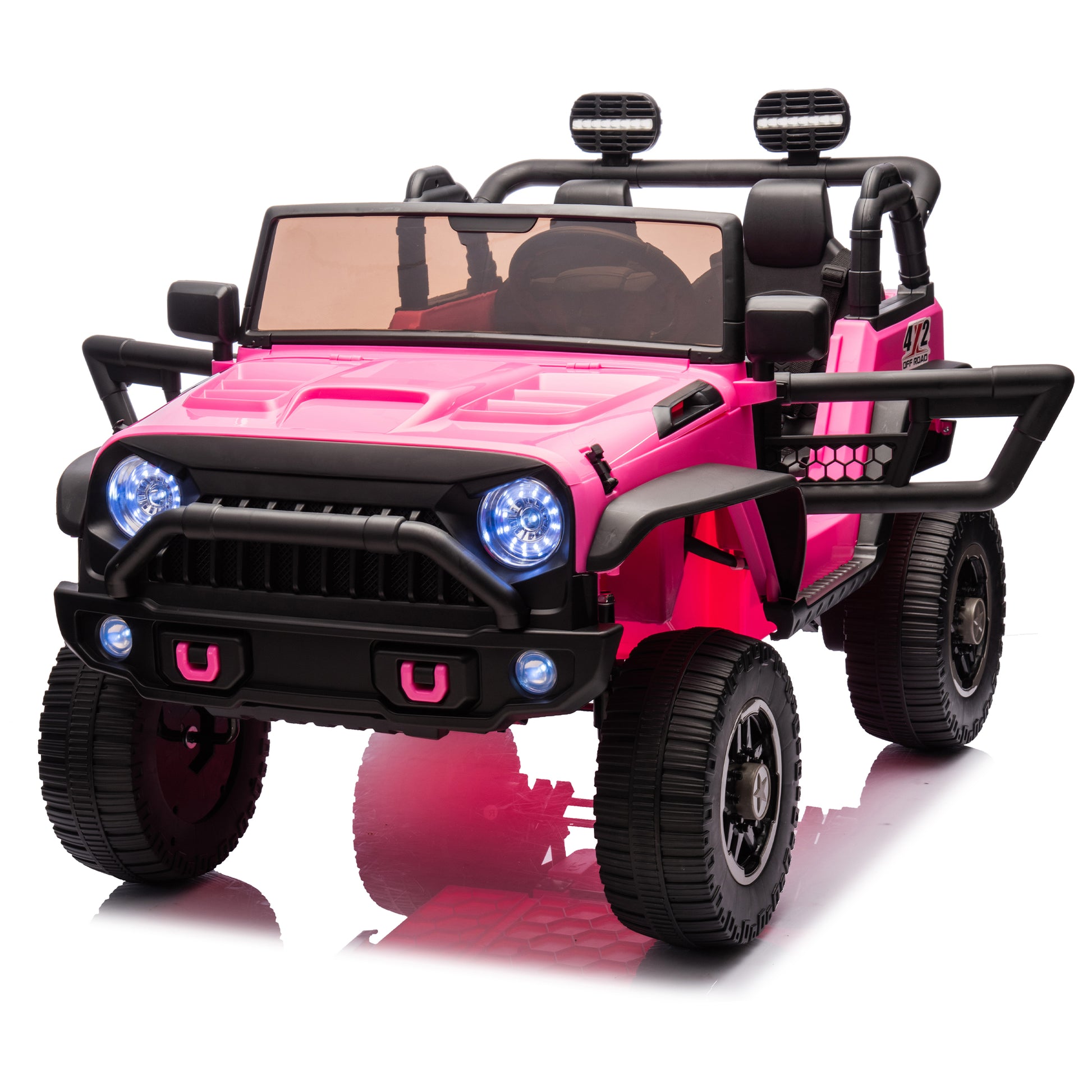 24V Two Seater Kids Ride On Truck Car W Parents Control,200W*2,Seat Width 20.28In,Four Wheel Suspension,Led Lights,Music,Mp3,Bluetooth,Two Independent Seat Belts,Suitable For Off Road For Kids Aged 3 Pink 100 149 Lbs Polypropylene