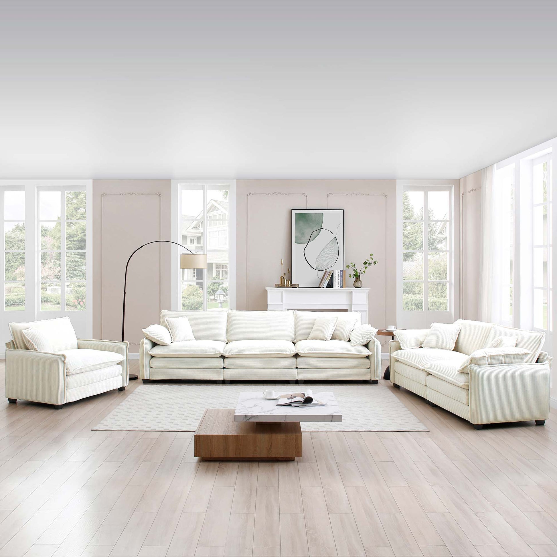 3 Piece Comfortable Oversized Sectional Sofa, One Single Sofa And One 2 Seater Sofa And One 3 Seater Sofabeige Corduroy Deep Seat Sofa Beige Corduroy 6 Seat