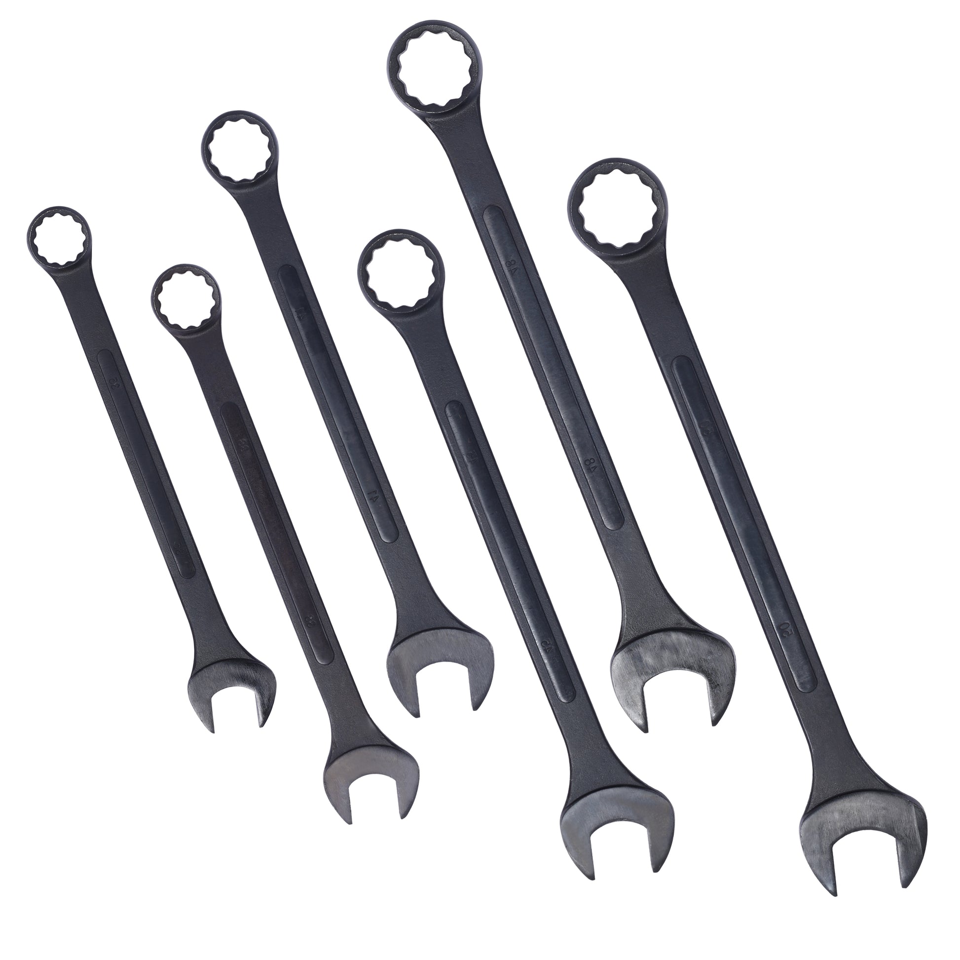 Jumbo Combination Wrench Set Extra Large, Metric, 6 Piece, 35Mm To 50Mm,Black Oxide, With Pouch Black Carbon Steel