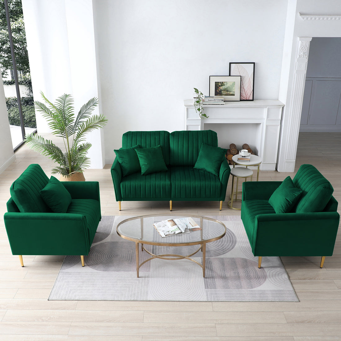 3 Pieces Sectional Sofa Set For Living Room, Velvet Tufted Couch Sofa Armchair With Metal Legs, 2 Piece Single Chair 2 Seater Sofa, Furniture Set, Green Green Foam Velvet 4 Seat