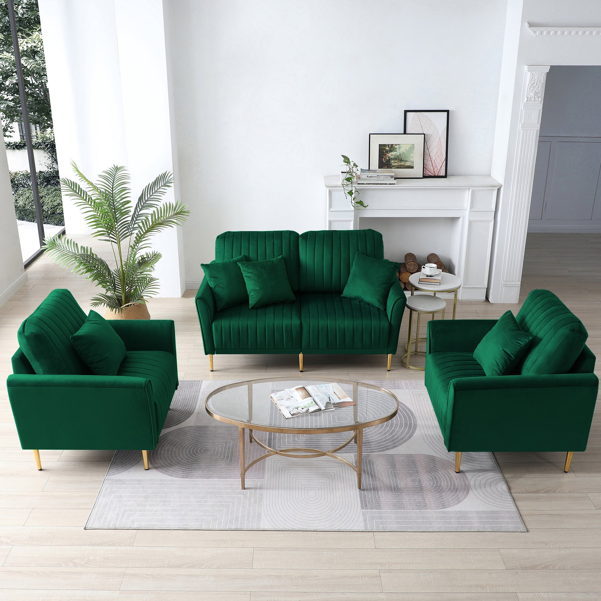 3 Pieces Sectional Sofa Set For Living Room, Velvet Tufted Couch Sofa Armchair With Metal Legs, 2 Piece Single Chair 2 Seater Sofa, Furniture Set, Green Green Foam Velvet 4 Seat