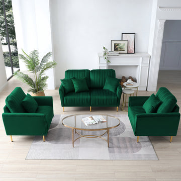 3 Pieces Sectional Sofa Set For Living Room, Velvet Tufted Couch Sofa Armchair With Metal Legs, 2 Piece Single Chair 2 Seater Sofa, Furniture Set, Green Green Foam Velvet 4 Seat