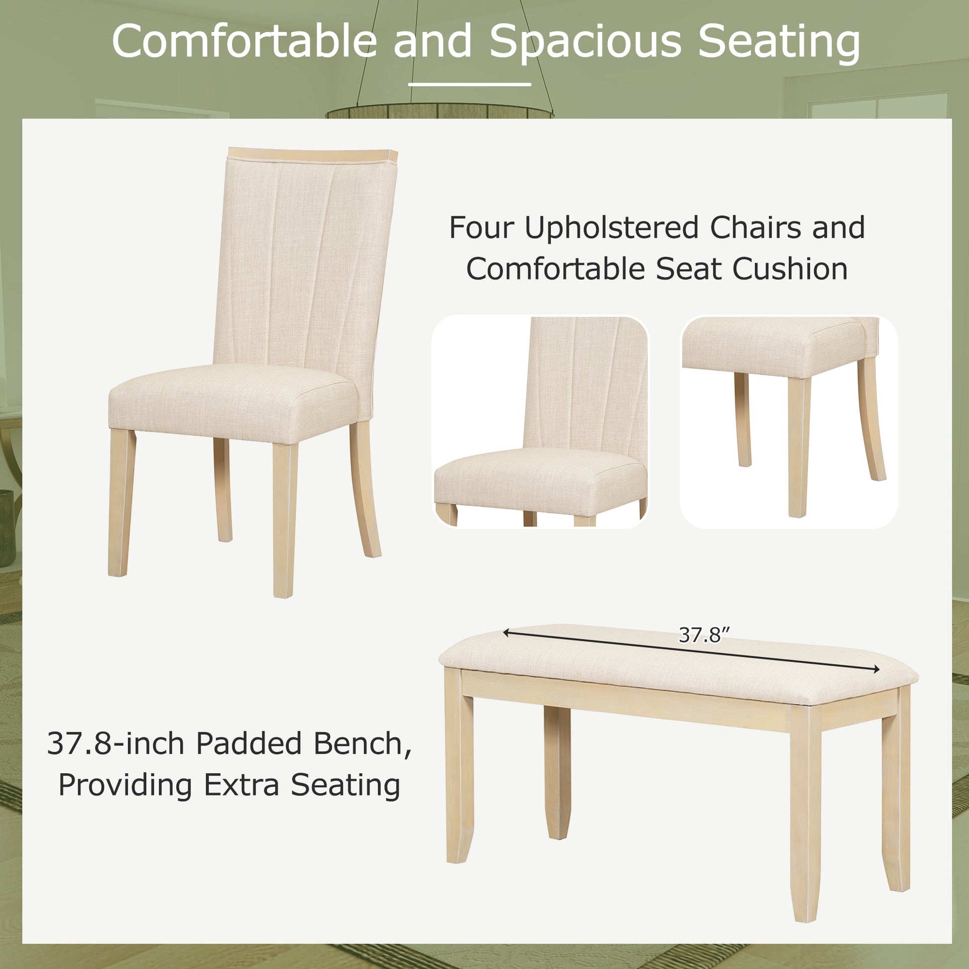 Contemporary 6 Piece 78Inch Extendable Pedestal Dining Table Set With 18Inch Removable Leaf And Dining Bench, 4 Upholstered Dining Chairs, Natural Wood Dining Room Solid Wood Rubberwood Rectangular Dining Table With Chair And Bench Upholstered Chair Wood