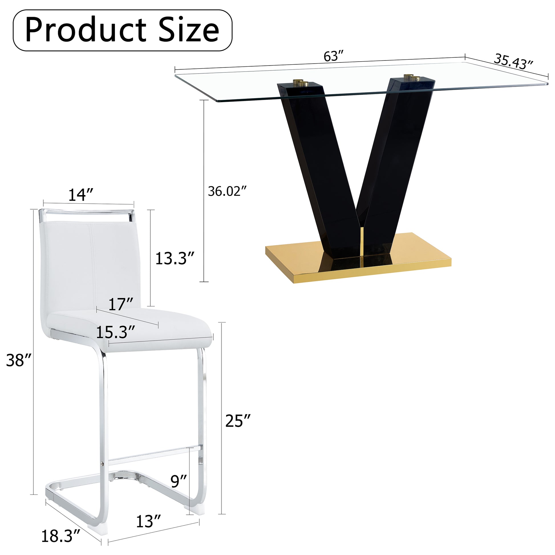 Table And Chair Set. A Rectangular Glass Dining Table With A 0.4 Inch Tempered Glass Tabletop And Mdf Board V Shaped Bracket, Paired With Chairs Consisting Of Pu Seat Cushions And Silver Metal Legs. White Black Seats 4 Tempered Glass