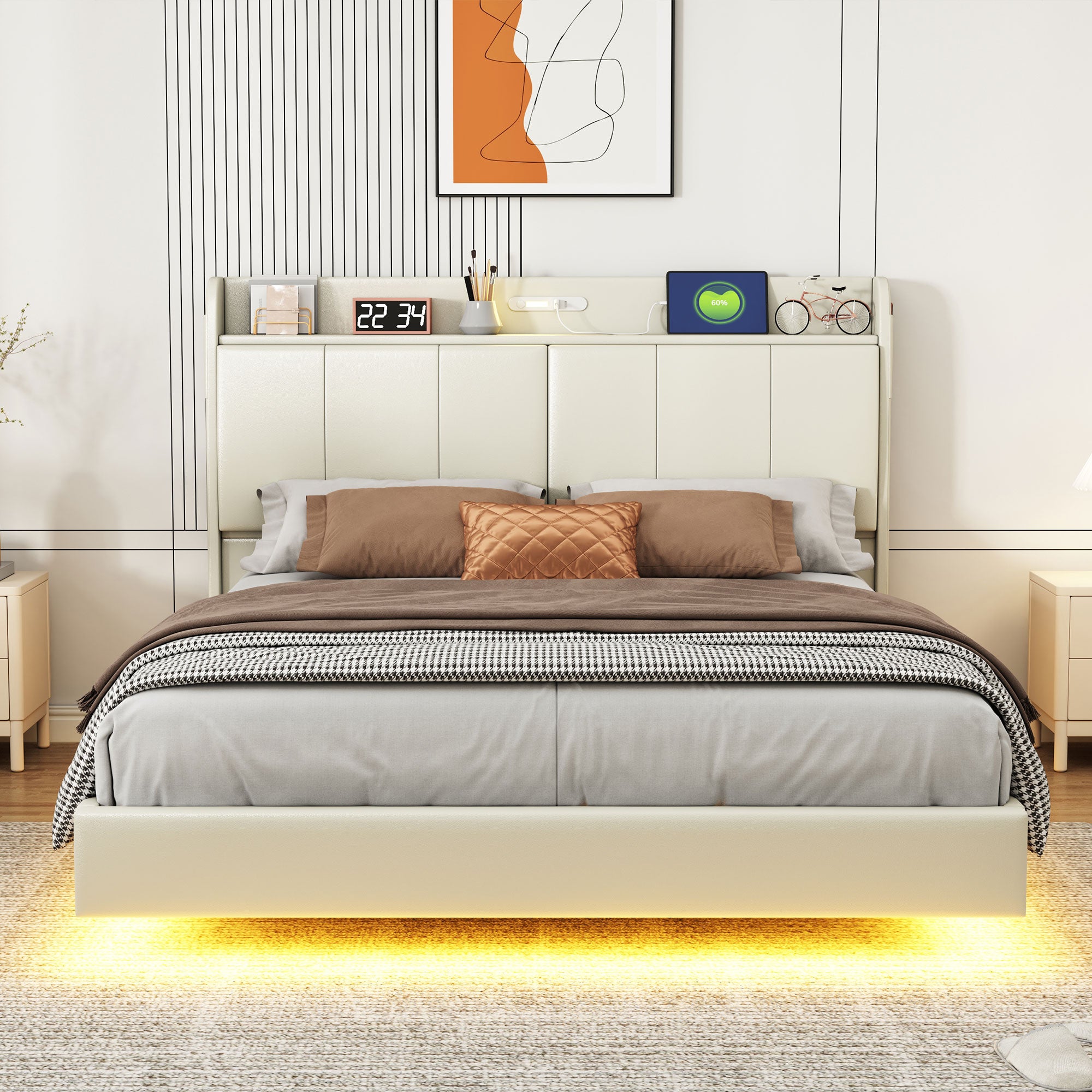 Queen Size Floating Bed Frame With Storage Headboard, Modern Upholstered Platform Bed With Touch Sensor Night Light And Usb Charger, Beige Queen Beige Bed Frame Wood
