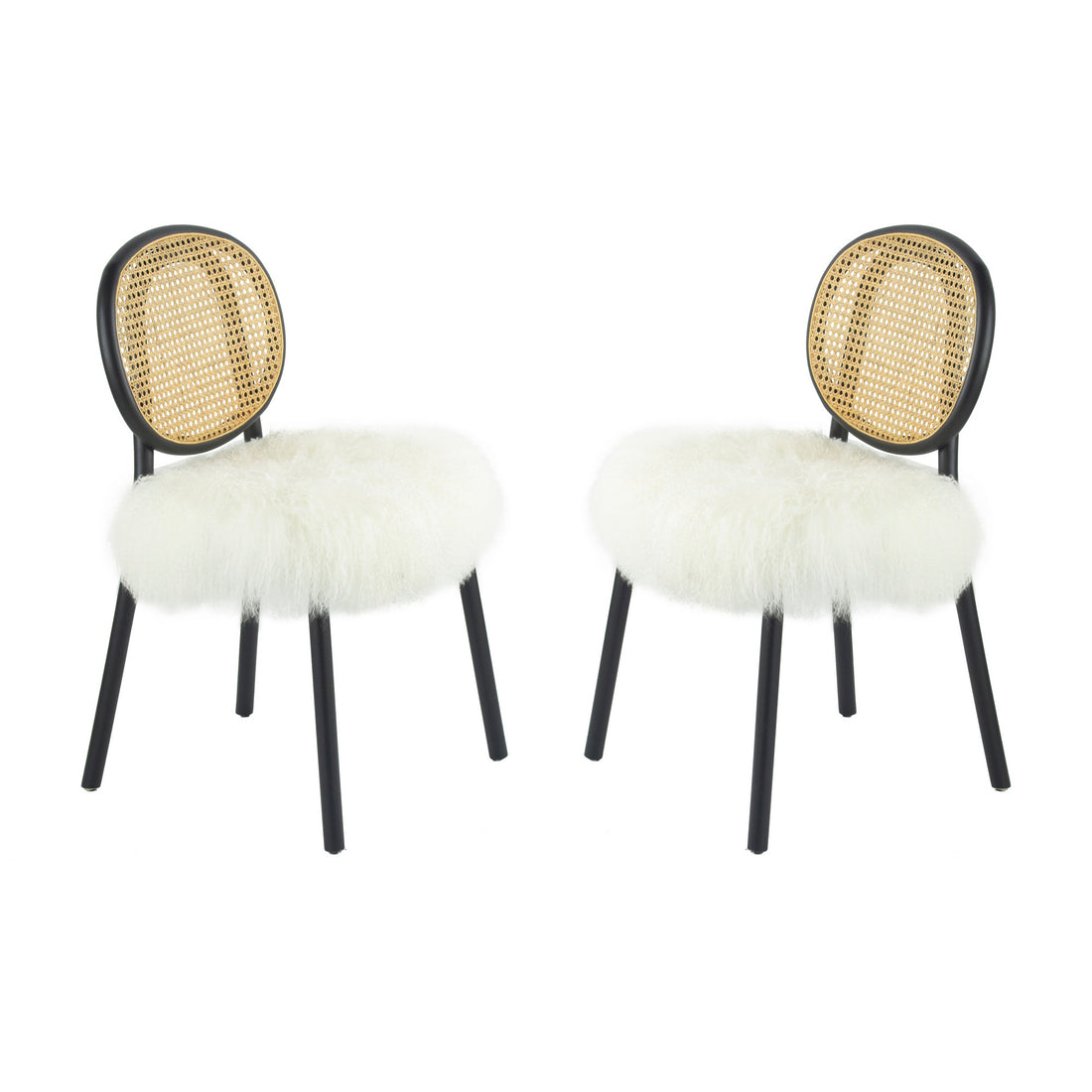 Ada 24 Inch Dining Chair, Cane Rattan Back, Fur Seat, Set Of 2, Black Black White Wood