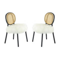 Ada 24 Inch Dining Chair, Cane Rattan Back, Fur Seat, Set Of 2, Black Black White Wood