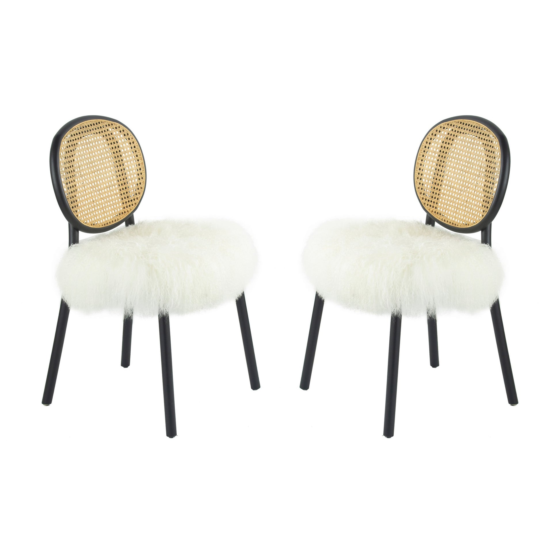 Ada 24 Inch Dining Chair, Cane Rattan Back, Fur Seat, Set Of 2, Black Black White Wood