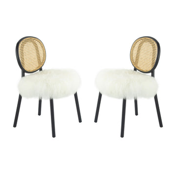 Ada 24 Inch Dining Chair, Cane Rattan Back, Fur Seat, Set Of 2, Black Black White Wood