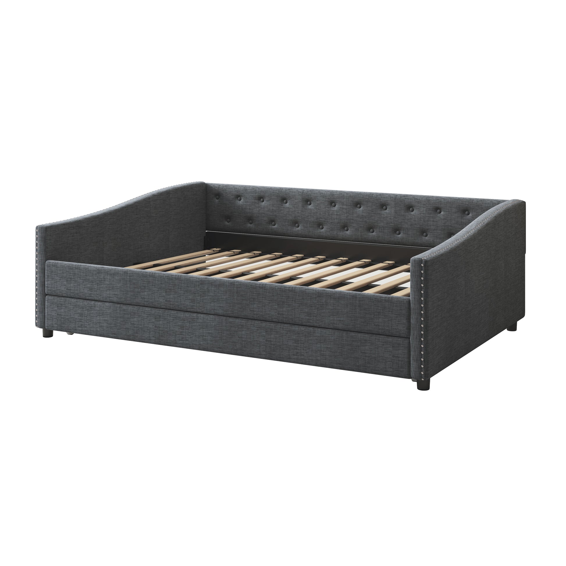Full Size Daybed With Twin Size Trundle Upholstered Tufted Sofa Bed, With Button On Back And Copper Nail On Waved Shape Arms Dark Grey Full Dark Grey Wood Fabric