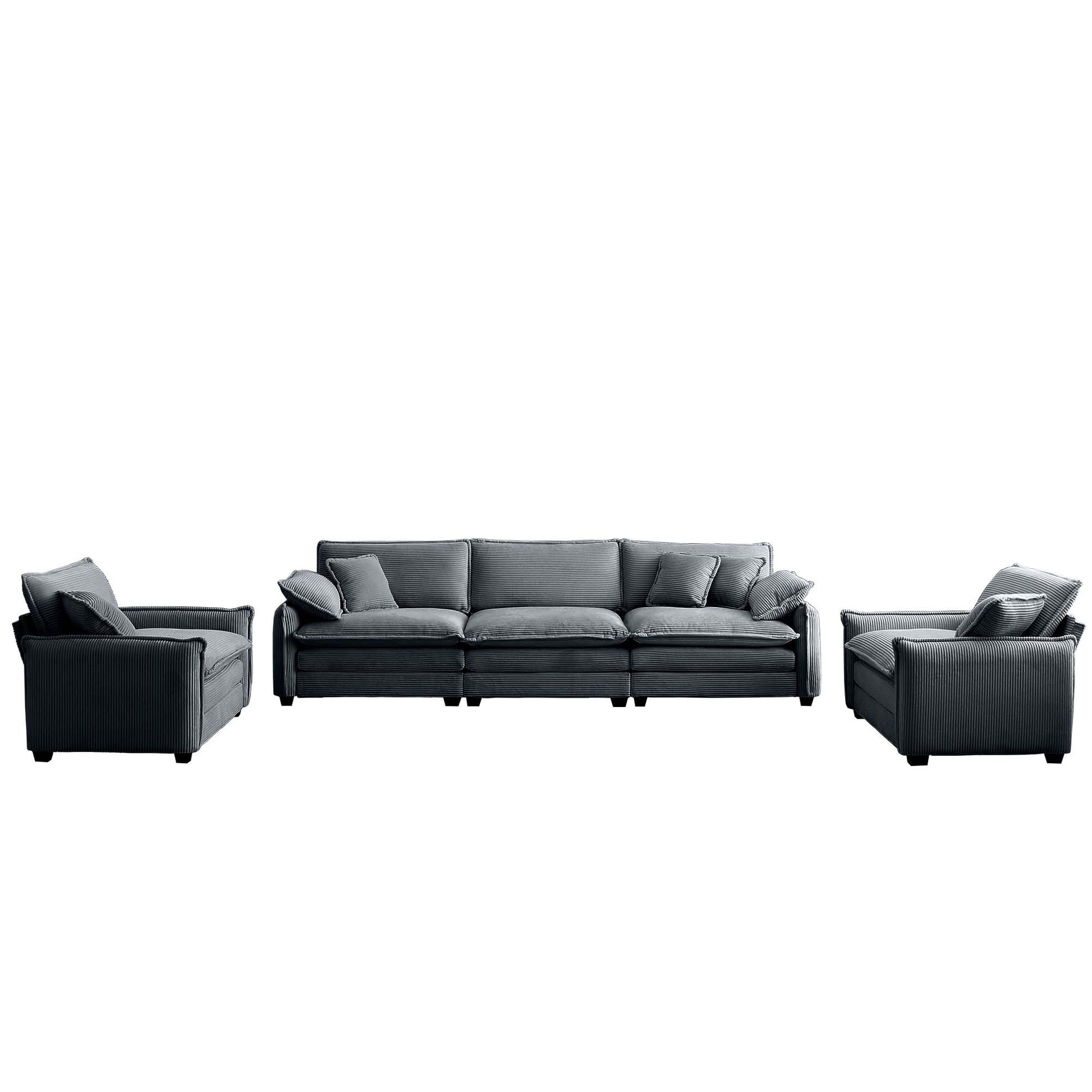 Warm And Cozy Sofa Set With Soft Cushions And Pillows, Home Theater Style Sofa Set Consisting Of A 3 Seater Sofa And Two Single Sofas Ingrey Corduroy Fabric Grey Corduroy 5 Seat