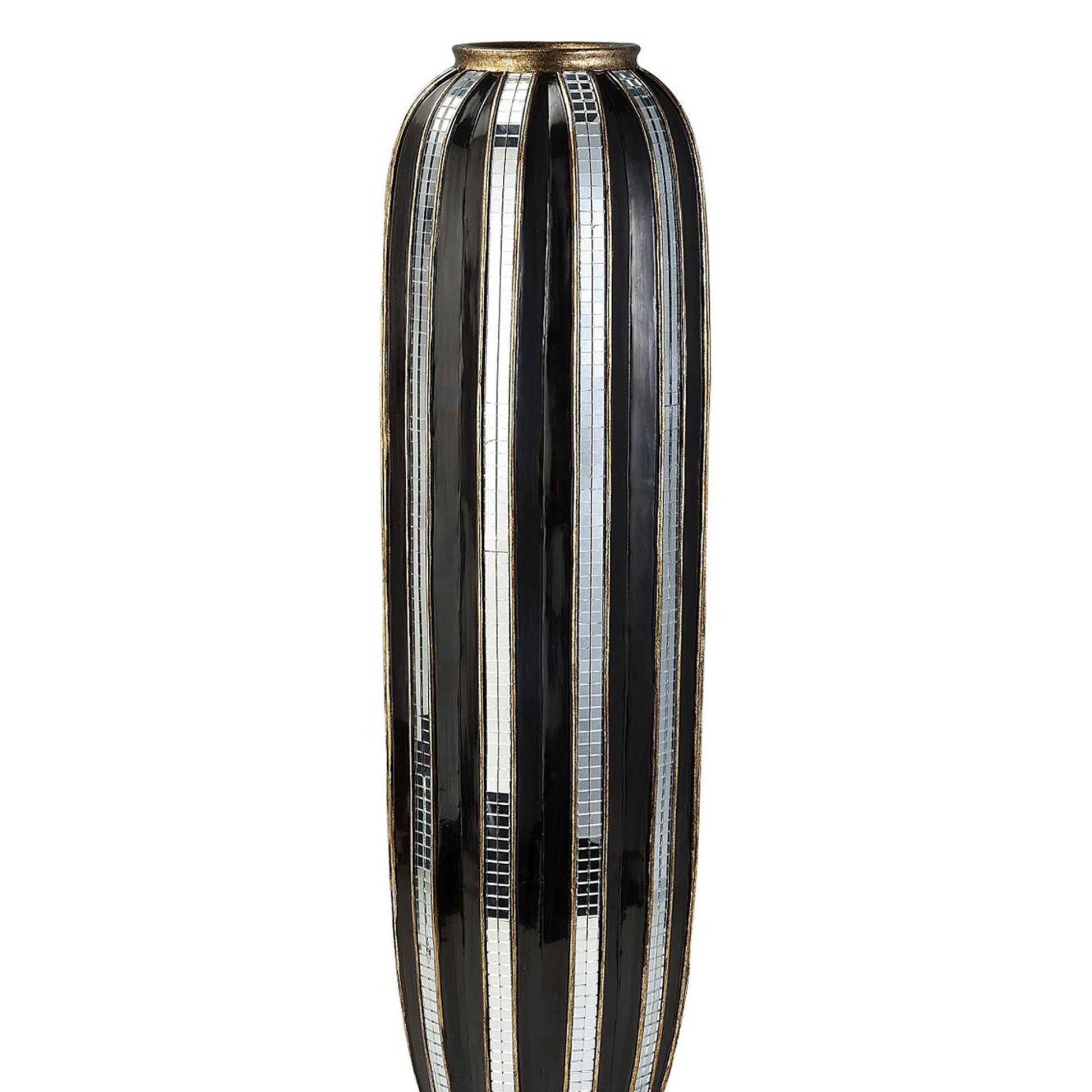 21" Tall Polyresin Decorative Vase, Gold Finish With Mosaic Glass Stripes Multicolor Polyresin