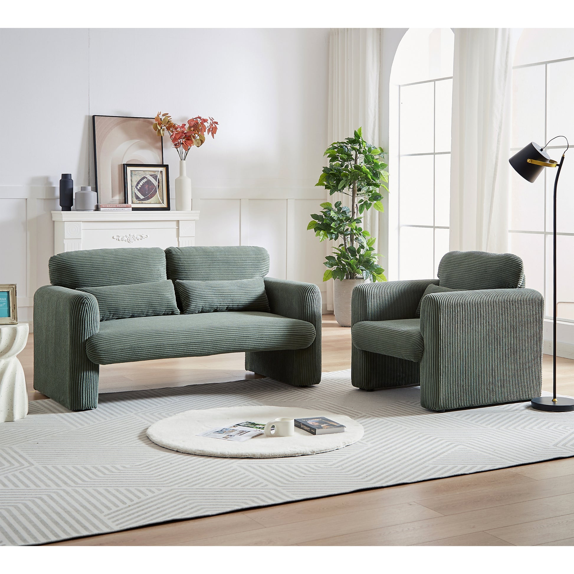 60"Corduroy Fabric Sofa With 33" Single Sofa, Modern Sofa With Support Pillowfor Apartment, Office, Living Room & Bedroom Green Corduroy 3 Seat