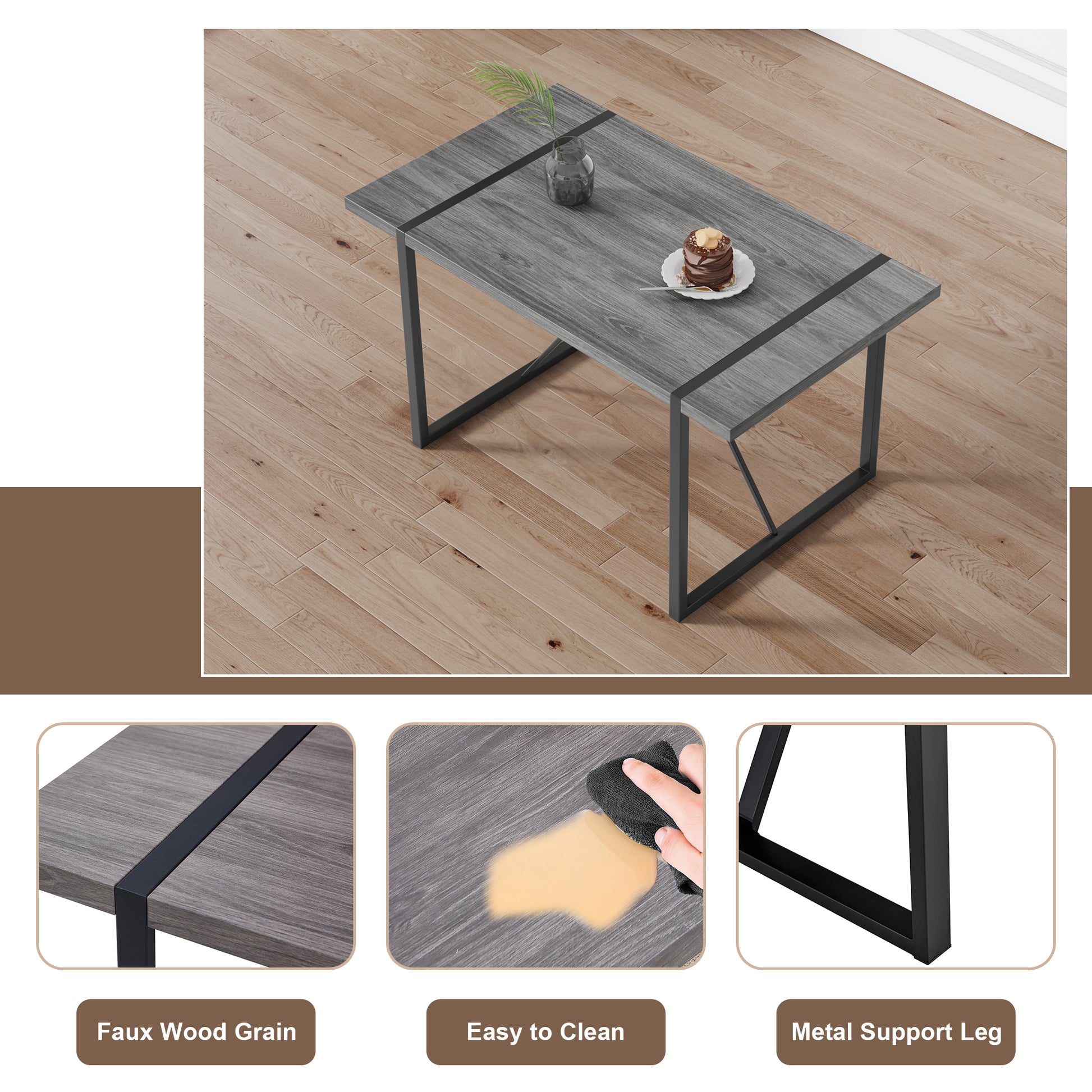 Table And Chair Set, Textured Top In Vintage Retro Grey Wood Grain Desktop, Black Metal Legs. Dining Chair With White Faux Leather Backrest Cushion With Black Metal Legs. Gray,Wood Seats 6 Mdf Metal