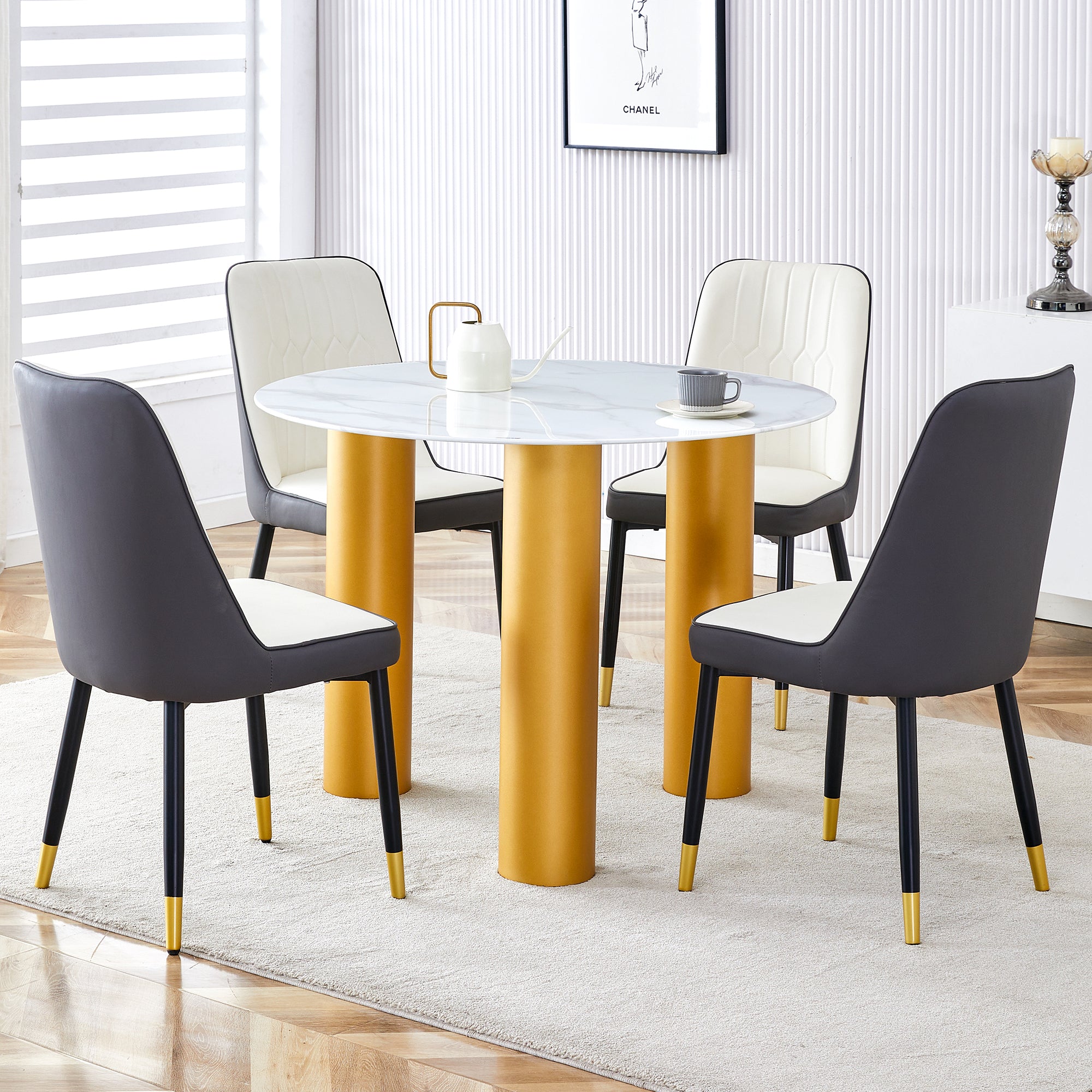 Table And Chair Set, Round Table With White Marble Pattern, Gold Mdf Table Legs, Soft And Comfortable Dining Chair, Suitable For Kitchen And Living Room White Mdf