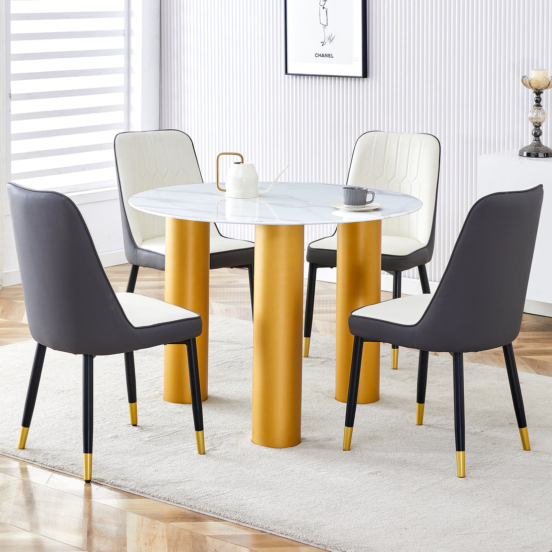 Table And Chair Set, Round Table With White Marble Pattern, Gold Mdf Table Legs, Soft And Comfortable Dining Chair, Suitable For Kitchen And Living Room White Mdf