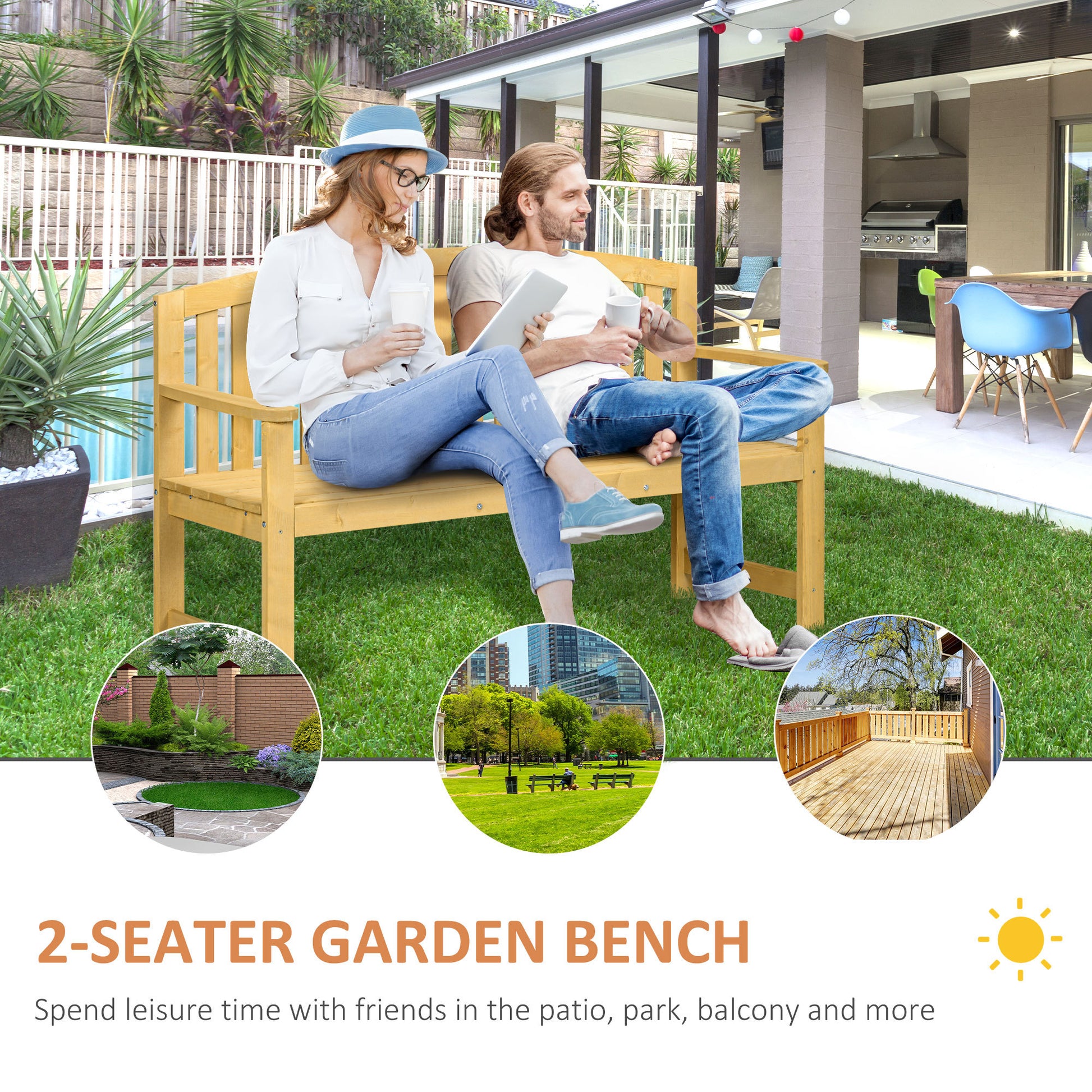 Outsunny 56" Outdoor Wood Bench, 2 Seater Garden Bench With Backrest And Armrest, Patio Bench For Patio, Porch, Poolside, Balcony, Natural Natural Wood
