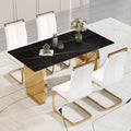 Table And Chair Set,Modern Rectangular Table With 0.4 Inch Black Patterned Tabletop And Gold Legs, Suitable For Kitchen, Dining Room, And Living Roomcomfortable Pu Seats,Perfect For Dinner, Meet White Black Seats 4 Sintered Stone