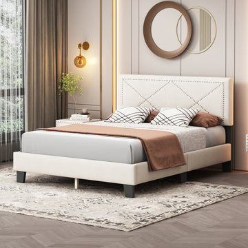Simple Queen Size Upholstered Bed Frame With Rivet Design, Modern Velvet Platform Bed With Headboard, Beige Queen Beige Bedroom Bed Frame Velvet Solid Wood Mdf