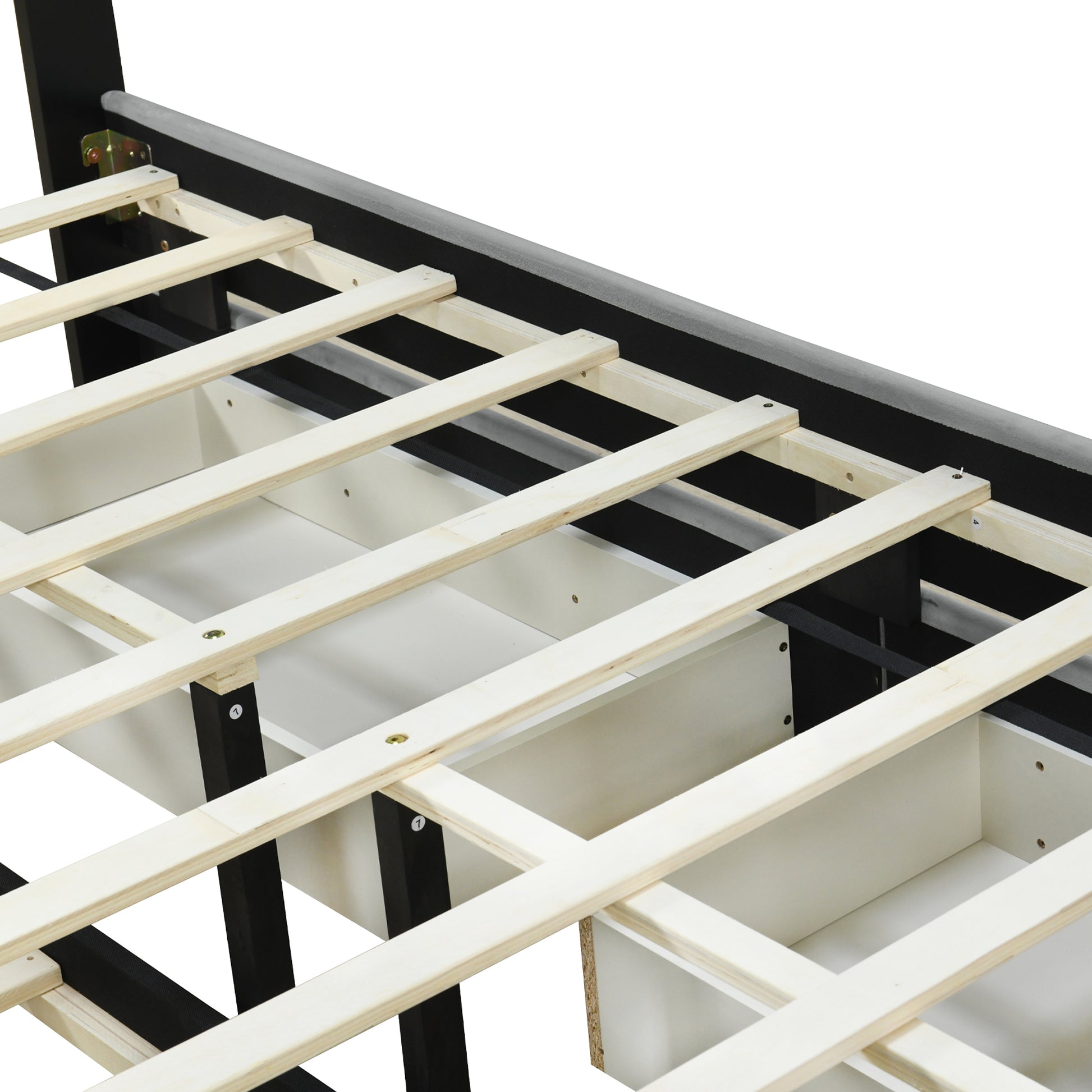 Queen Size Upholstered Platform Bed With 2 Drawers And 1 Trundle, Classic Metal Strip Headboard Design, Grey Queen Gray Mdf Lvl