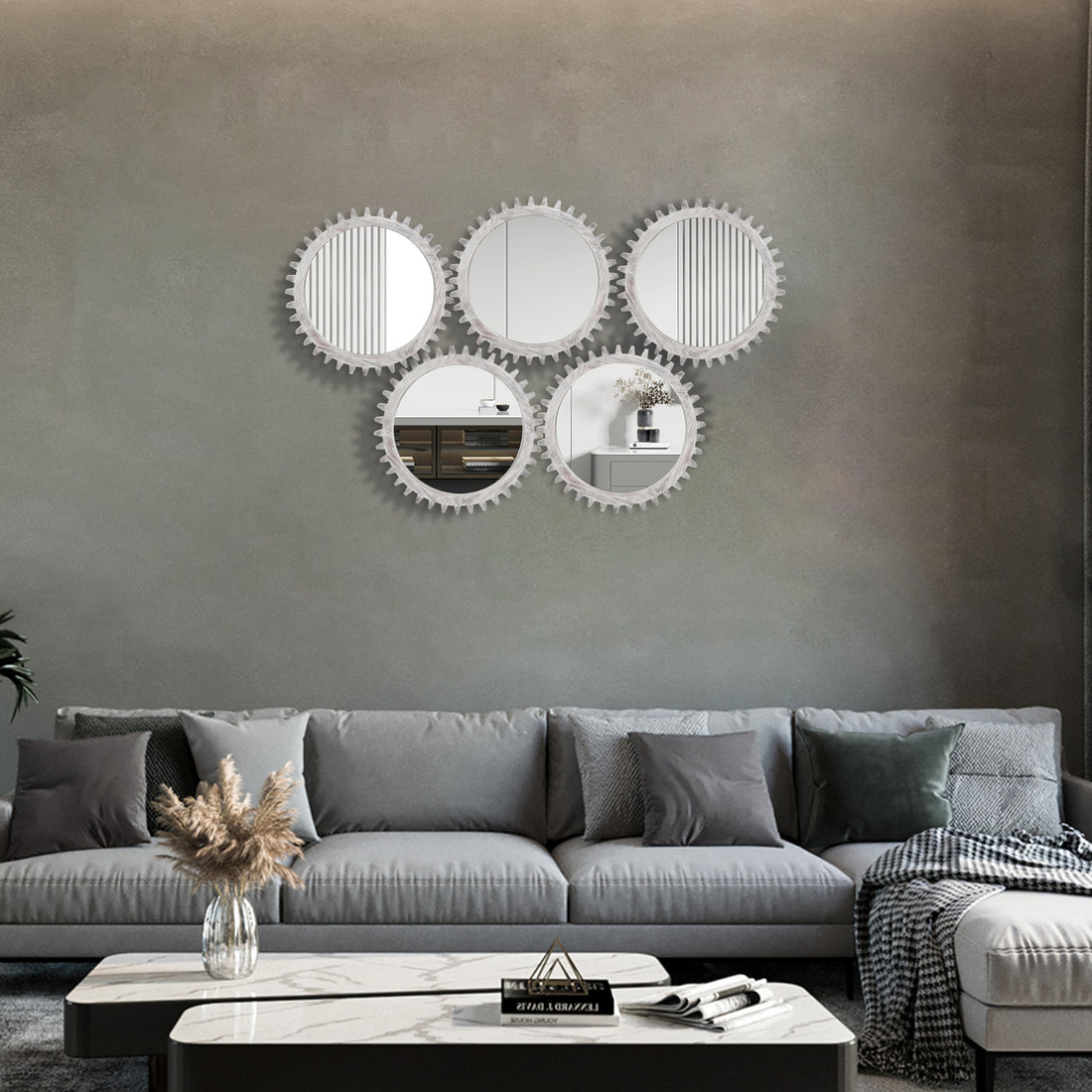 Vintage 17'' X 17'' Wood Round Hanging Gear Shape Decorative Mirror Patchwork Effect With Large Size Mirrors Individually On Art Walls,Sold Individually Antique White Washed White Washed American Design Solid Wood Mdf Mirror