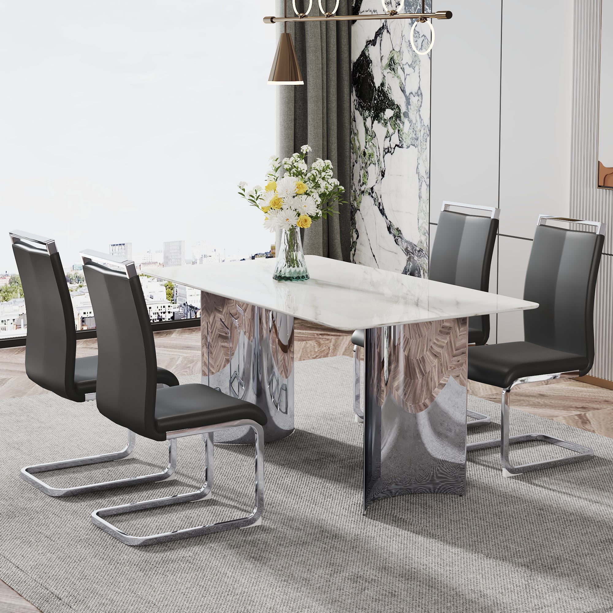 Modern Minimalist Dining Table. Imitation Marble Glass Sticker Desktop, Stainless Steel Legs, Stable And Beautiful. 4 Black Pu Seats. 63 "* 35.4" * 29.5 "Dt 69 C 1162 Silver Glass