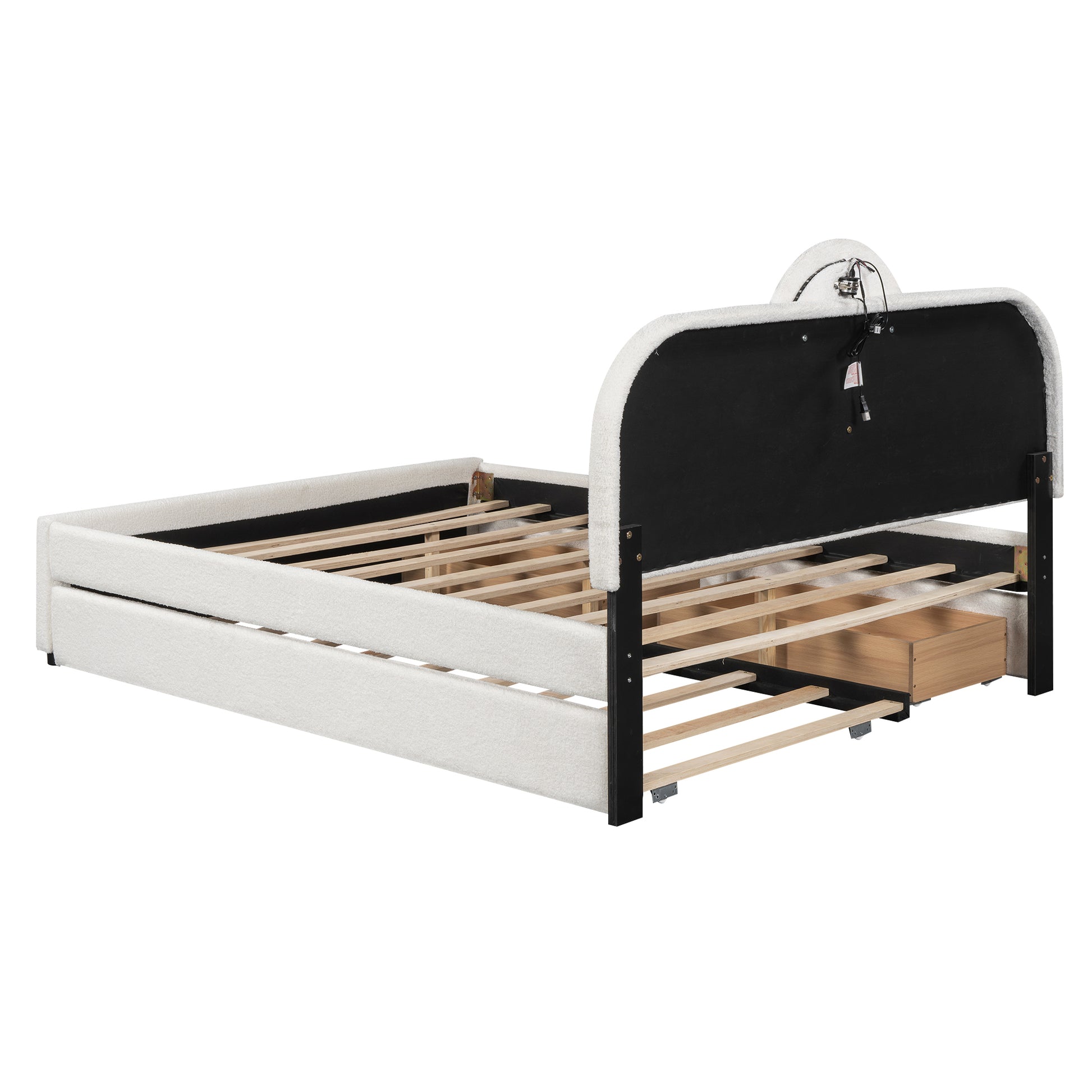 Queen Size Upholstered Platform Bed With Multi Functional Headboard, Trundle And 2 Drawers, White Box Spring Not Required Queen White Wood Bedroom Upholstered