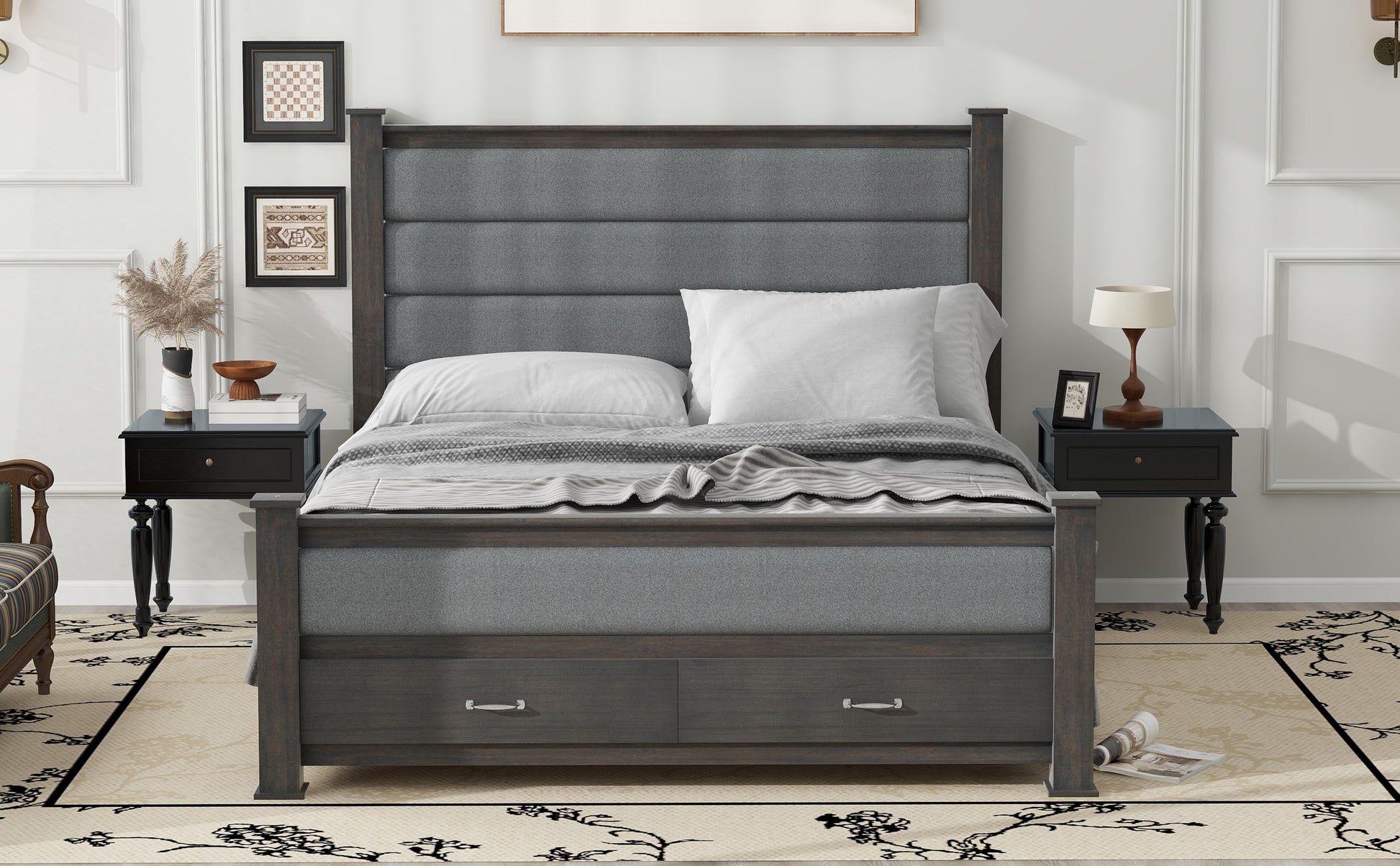 Queen Size Wood Frame Platform Bed With Upholstered Headboard, Footboard And 2 Drawers, Antique Gray Box Spring Not Required Queen Antique Gray Wood Bed Frame Solid Wood Mdf