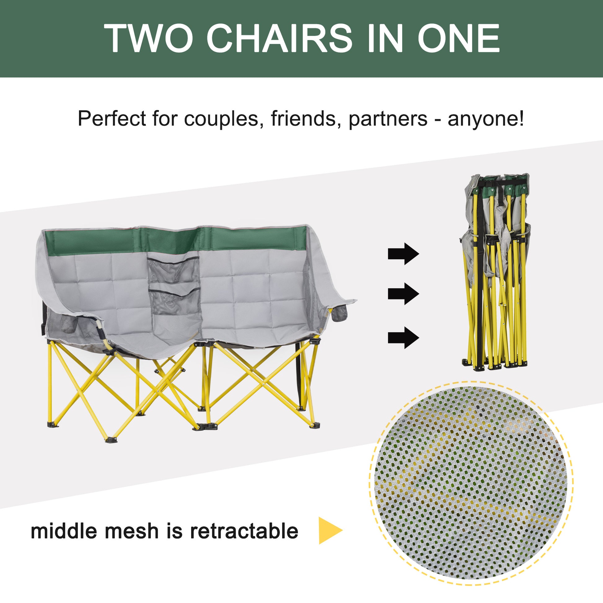 Outsunny Loveseat Style Camping Chair, Oversized Folding Lawn Chair With Carry Bag & Cup Holders, For Outdoor, Beach, Picnic, Hiking, Travel, Green & Gray Green Metal