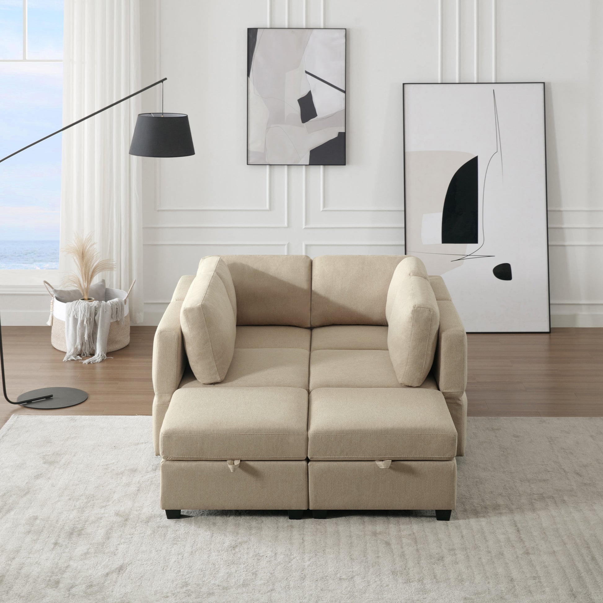 Oversized Modern 6 Seat Upholstered Sofa, Large Sectional Sofa With Storage Seats And Ottomanssofa Bed With Thick And Soft Cushions At All Sidesadjustable Arms And Backs Beige Beige Polyester 4 Seat